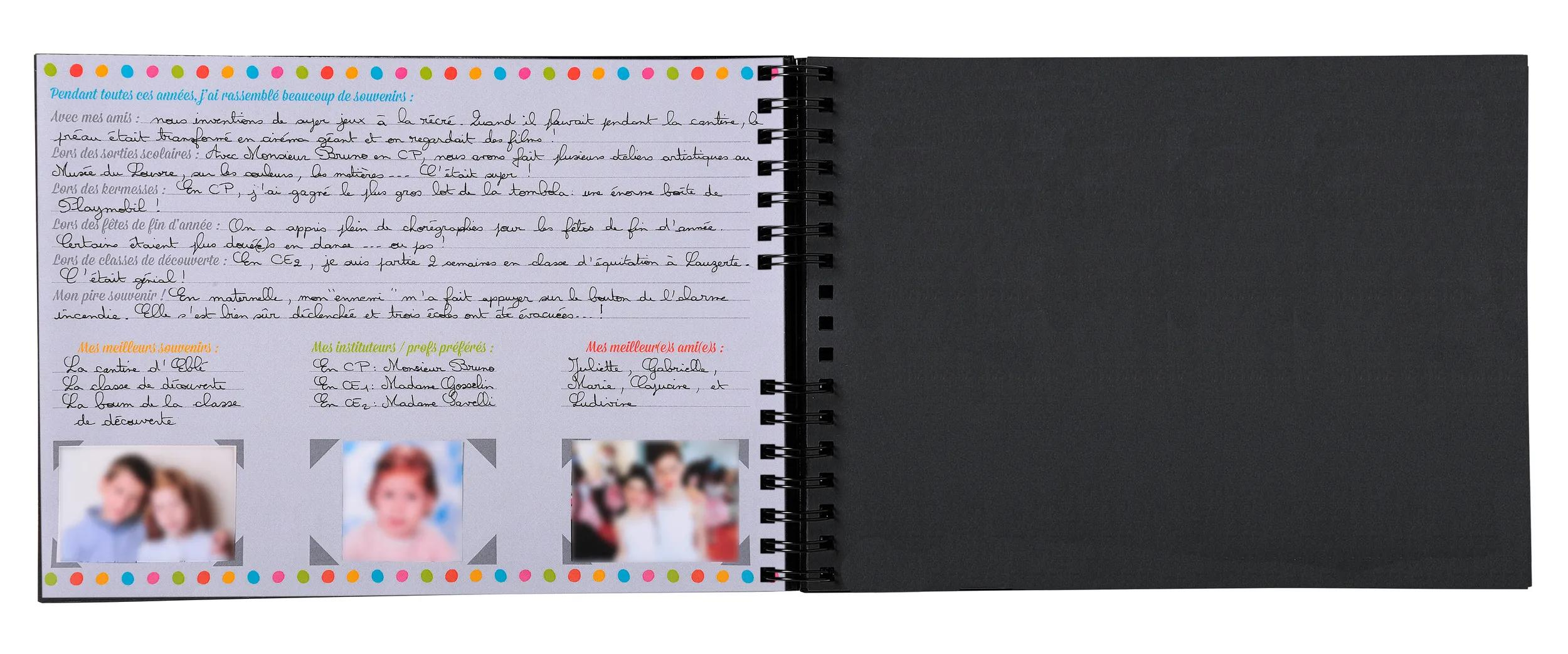 Una página de cuaderno abierto con notas escritas a mano y tres fotos borrosas.
