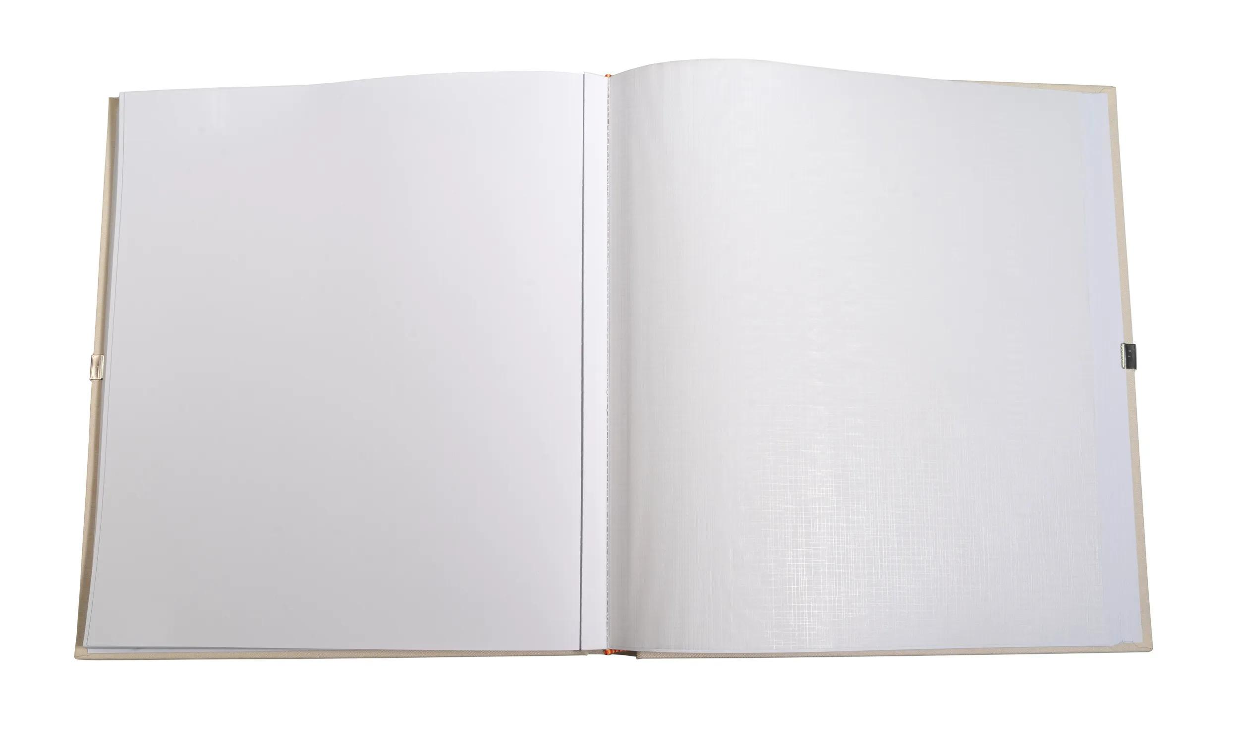 Un libro abierto con páginas blancas vacías y una cubierta beige.