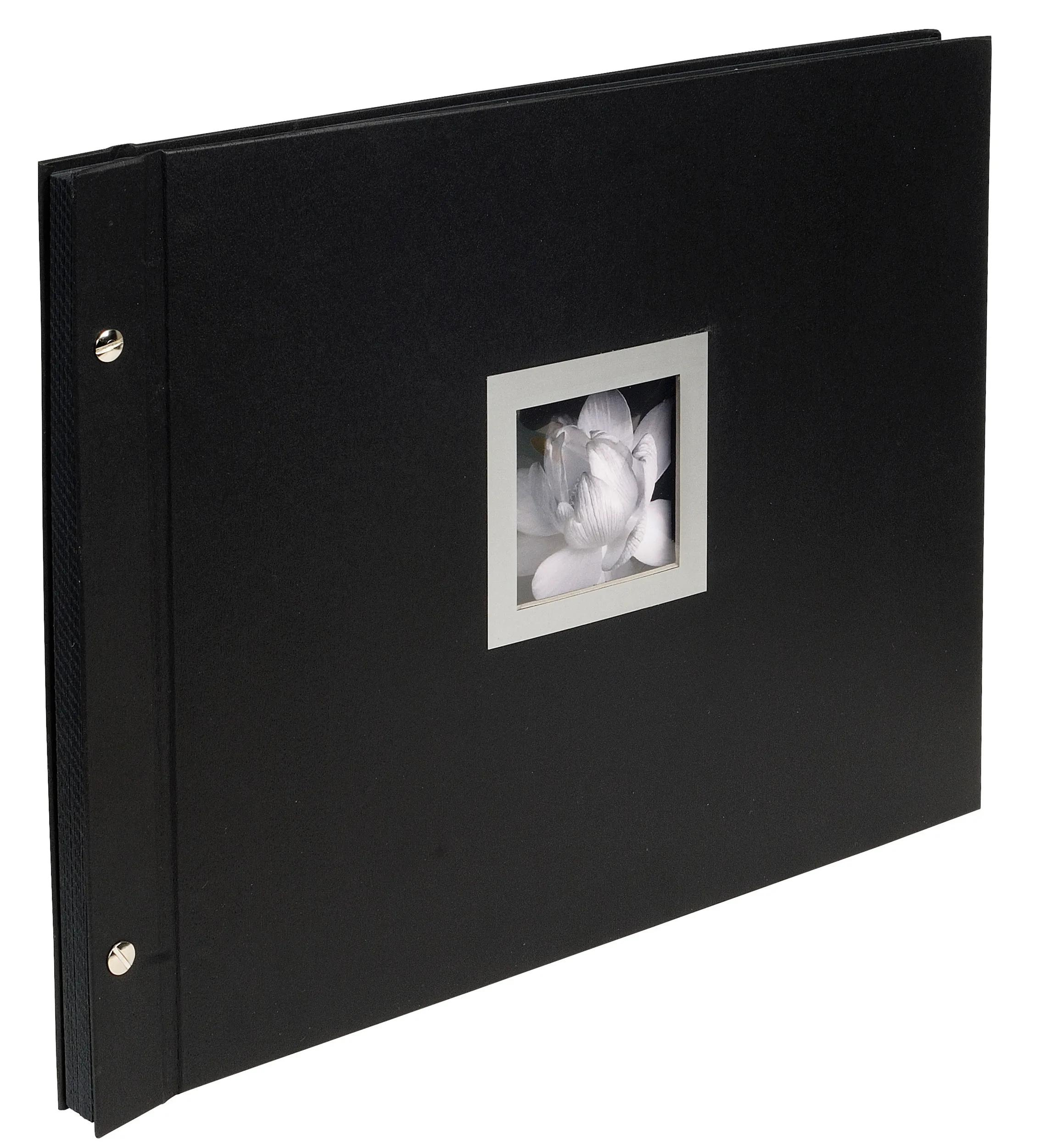 Álbum de fotos negro con flor blanca en marco plateado.