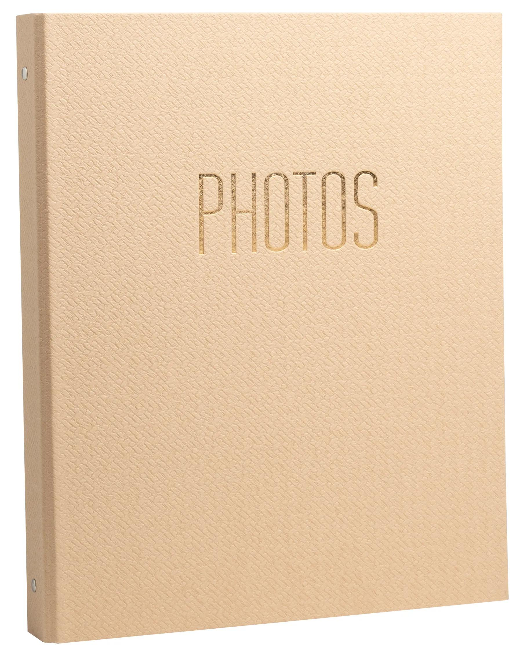 Un álbum de fotos color canela con patrón texturizado y la palabra "PHOTOS".
