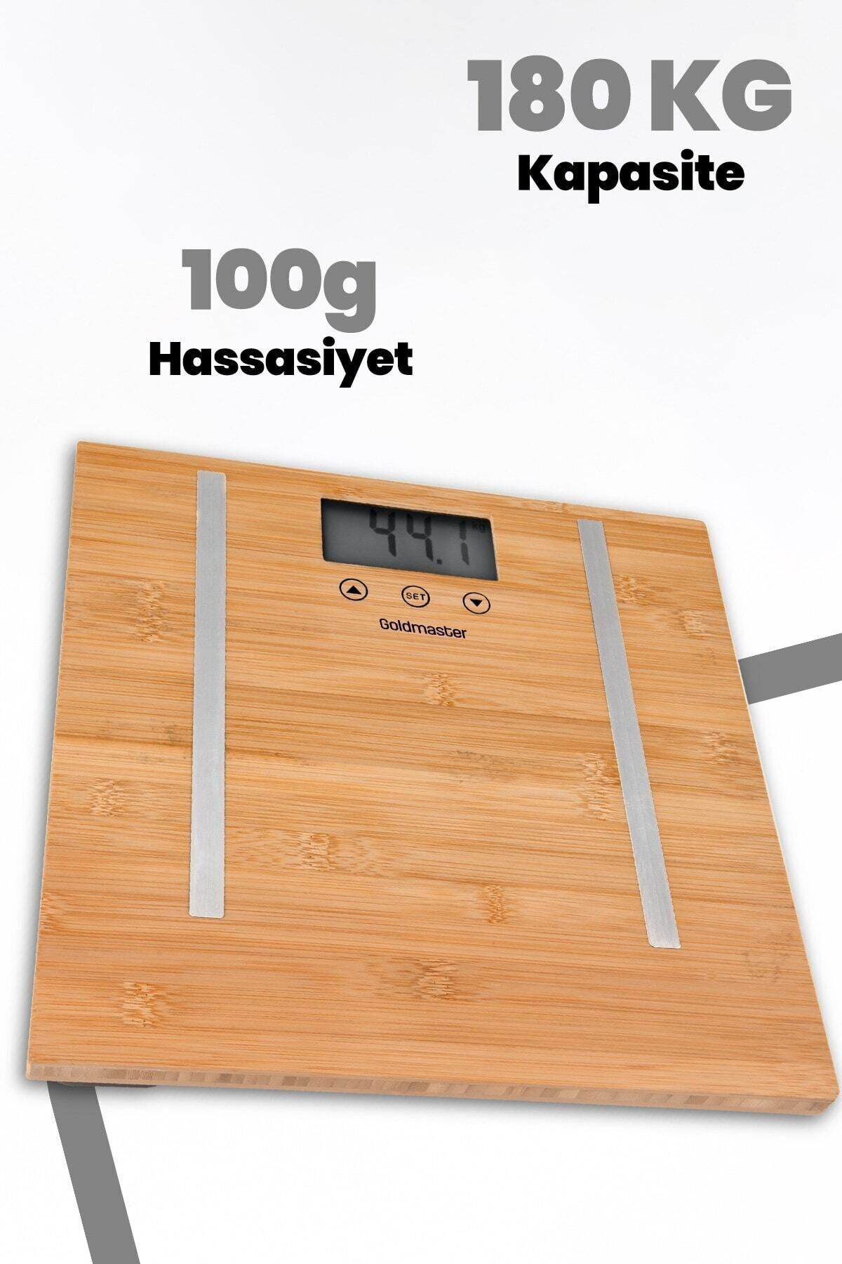 Ahşap dijital tartı, 180 kg kapasite, 100 g hassasiyet, 44.1 kg gösteriyor.