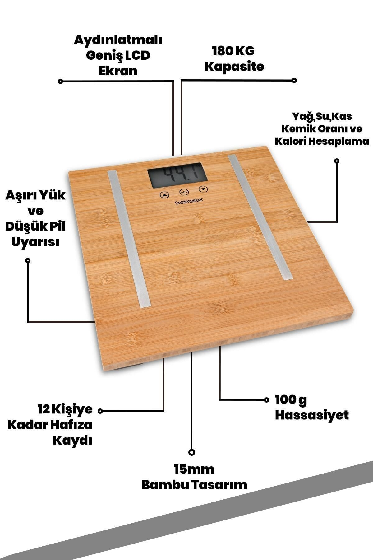 Bambu dijital tartı LCD ekranlı, 180kg kapasiteli, yağ hesaplar.