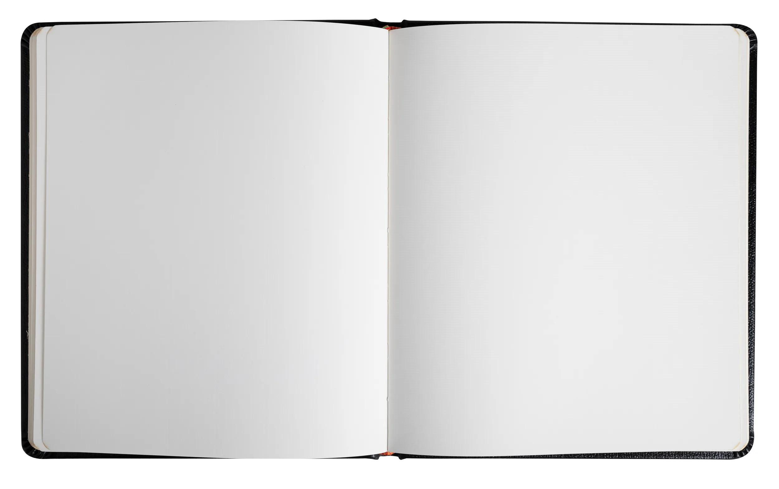 Un cuaderno abierto con páginas blancas en blanco y tapa negra.