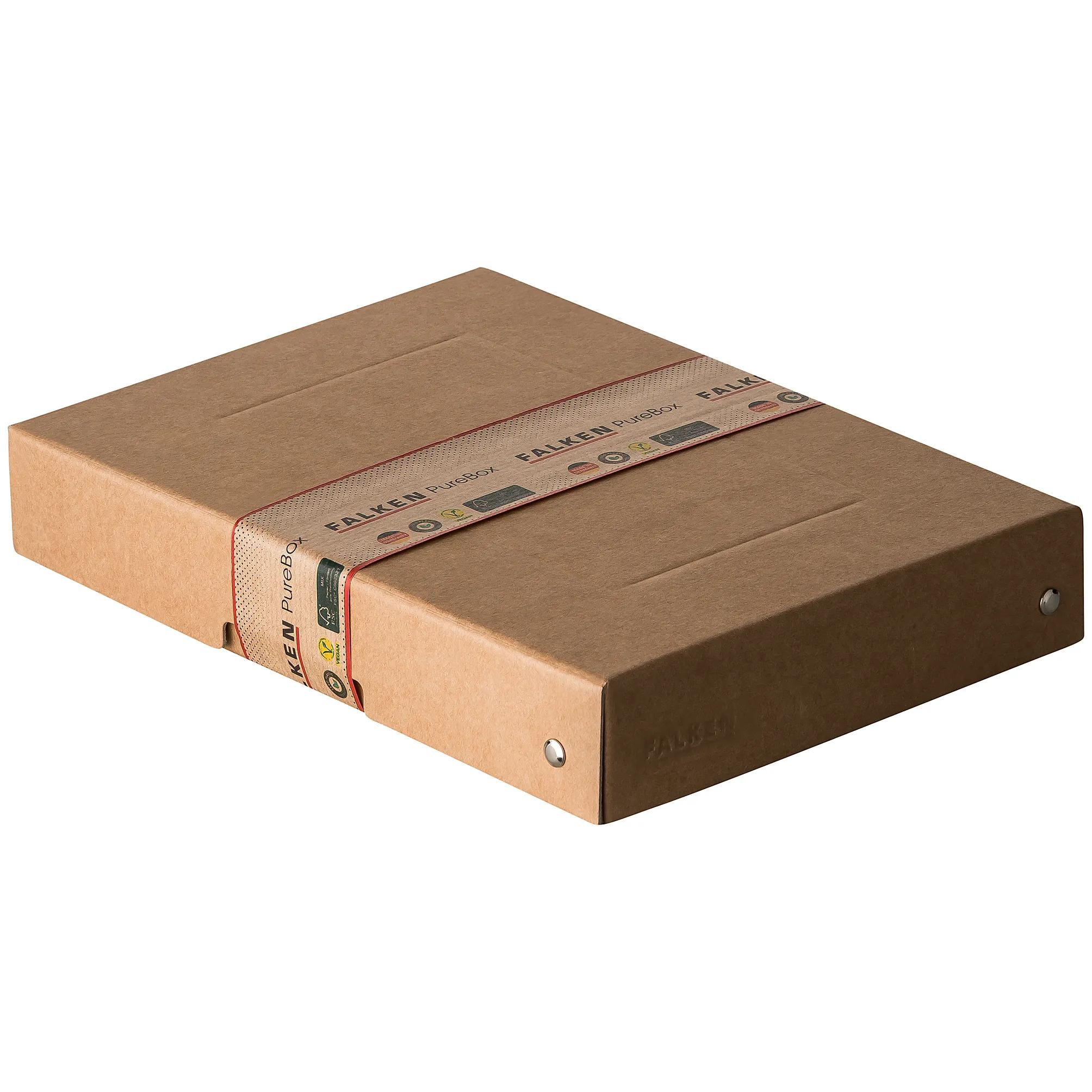 Caja de cartón marrón con banda roja que muestra FALKEN PureBox.