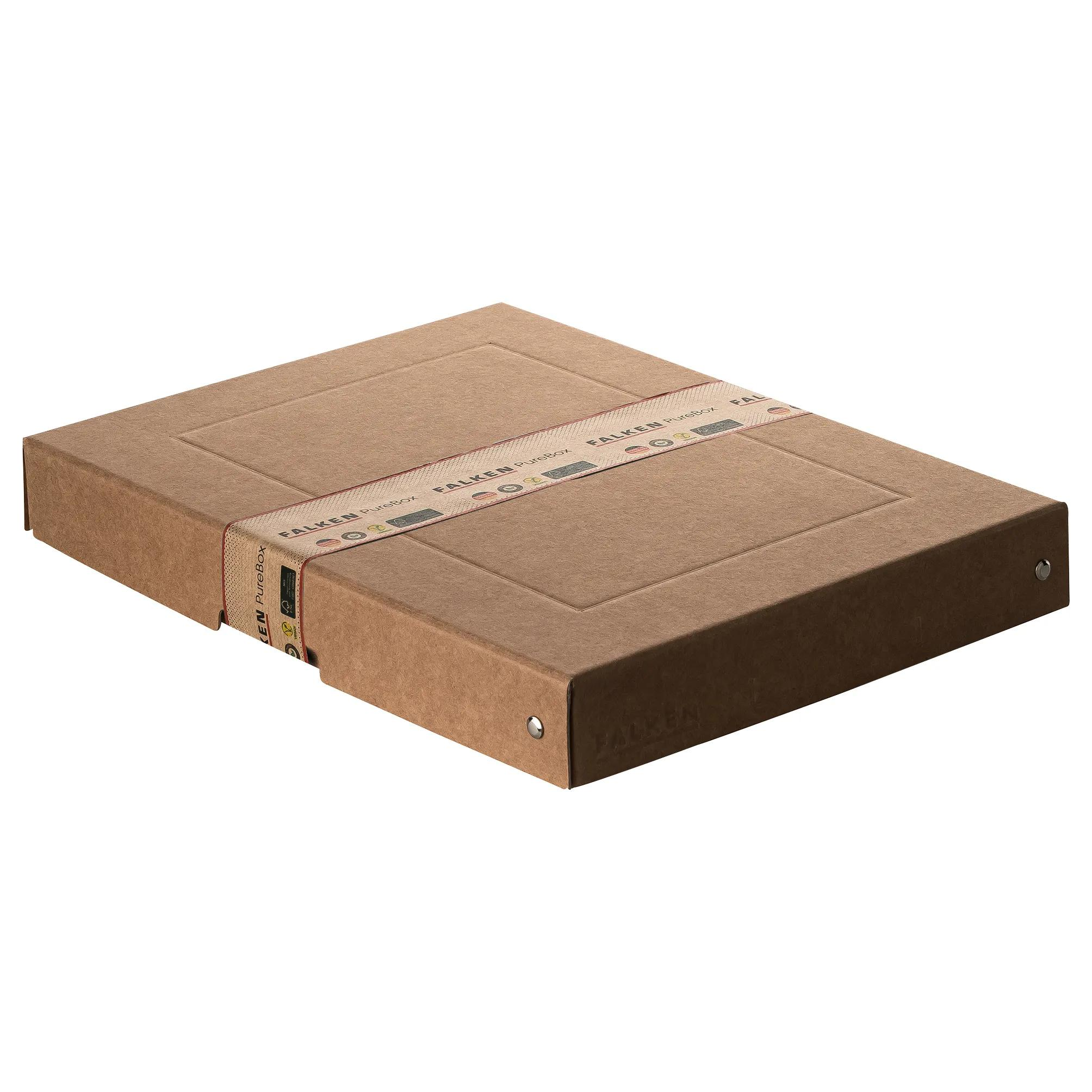 Una caja de cartón marrón con una banda impresa que dice FALKEN PureBox.