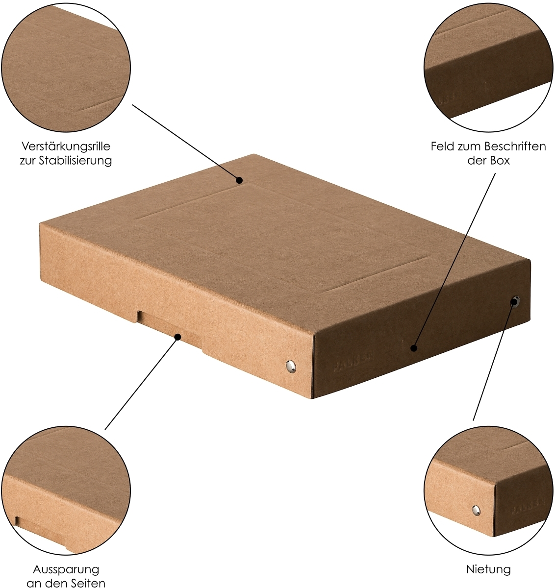 Caja de cartón marrón con ranuras de refuerzo, campo para etiquetar y remaches.