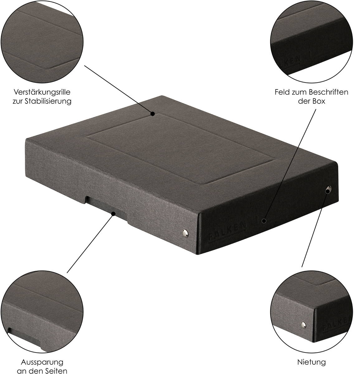 Caja de almacenamiento gris con ranuras de refuerzo y campo para etiquetar.