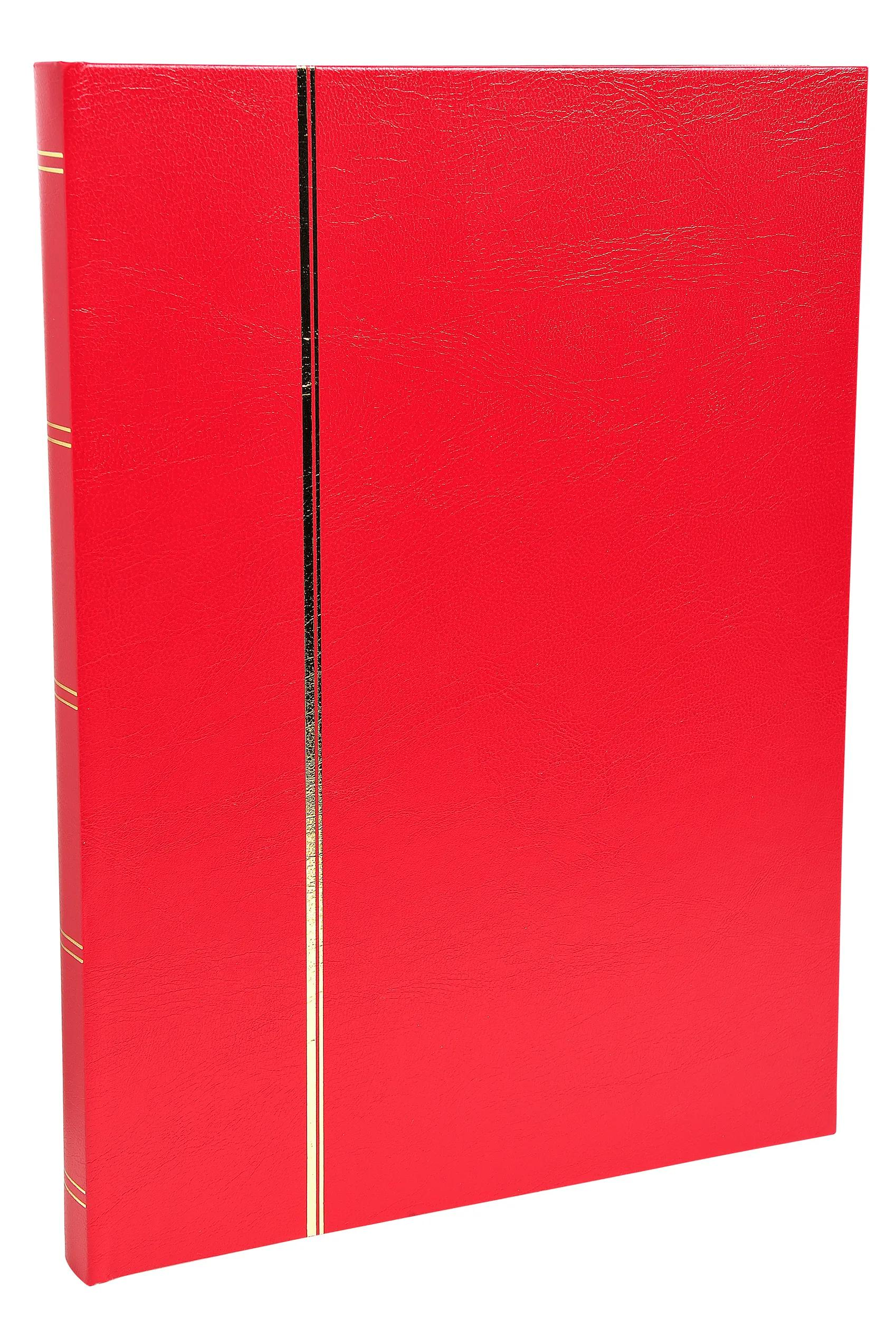 Libro rosso con due strisce dorate verticali e linee orizzontali.
