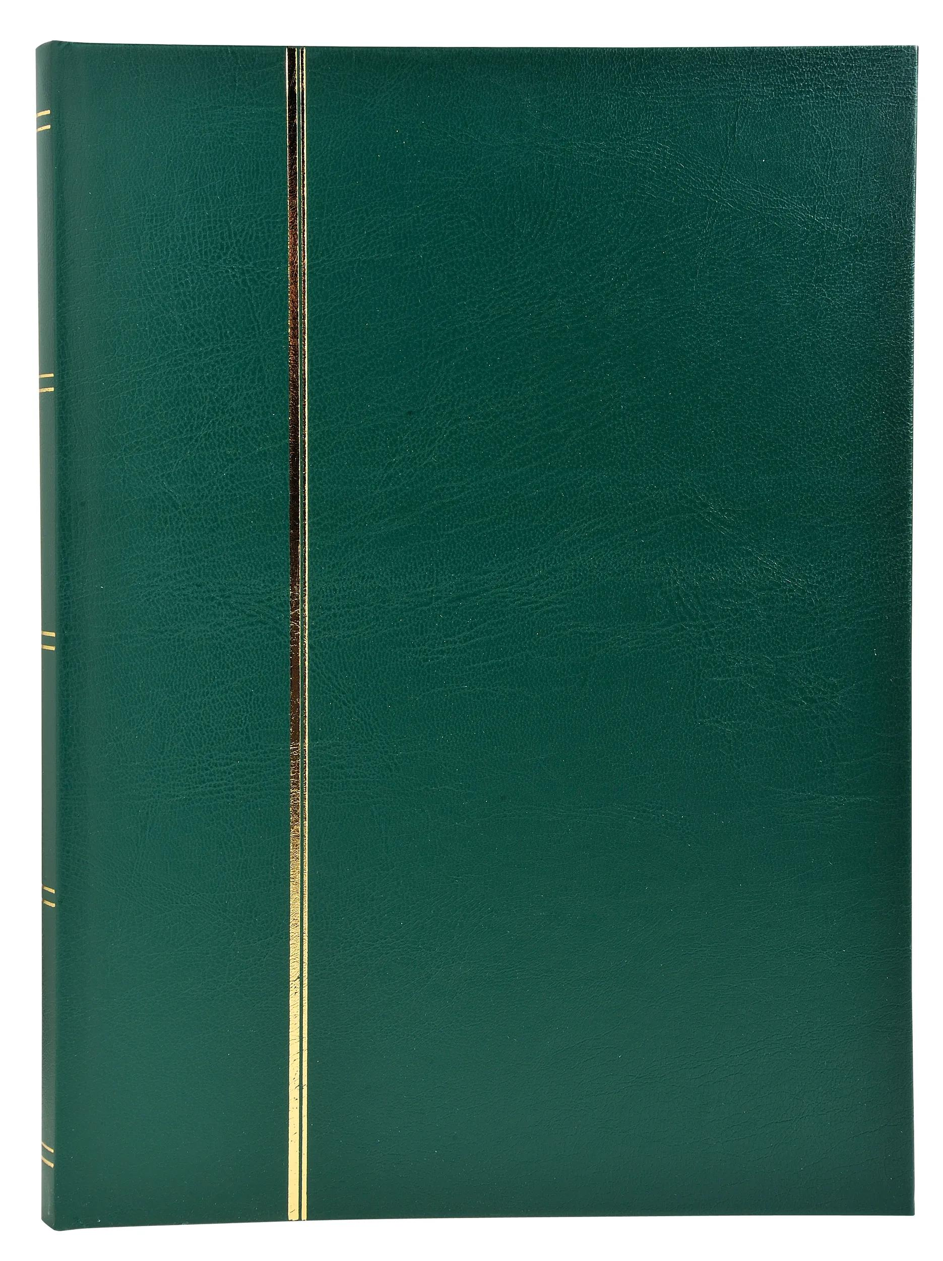 Un album libro verde con bordo dorato e due strisce dorate verticali.