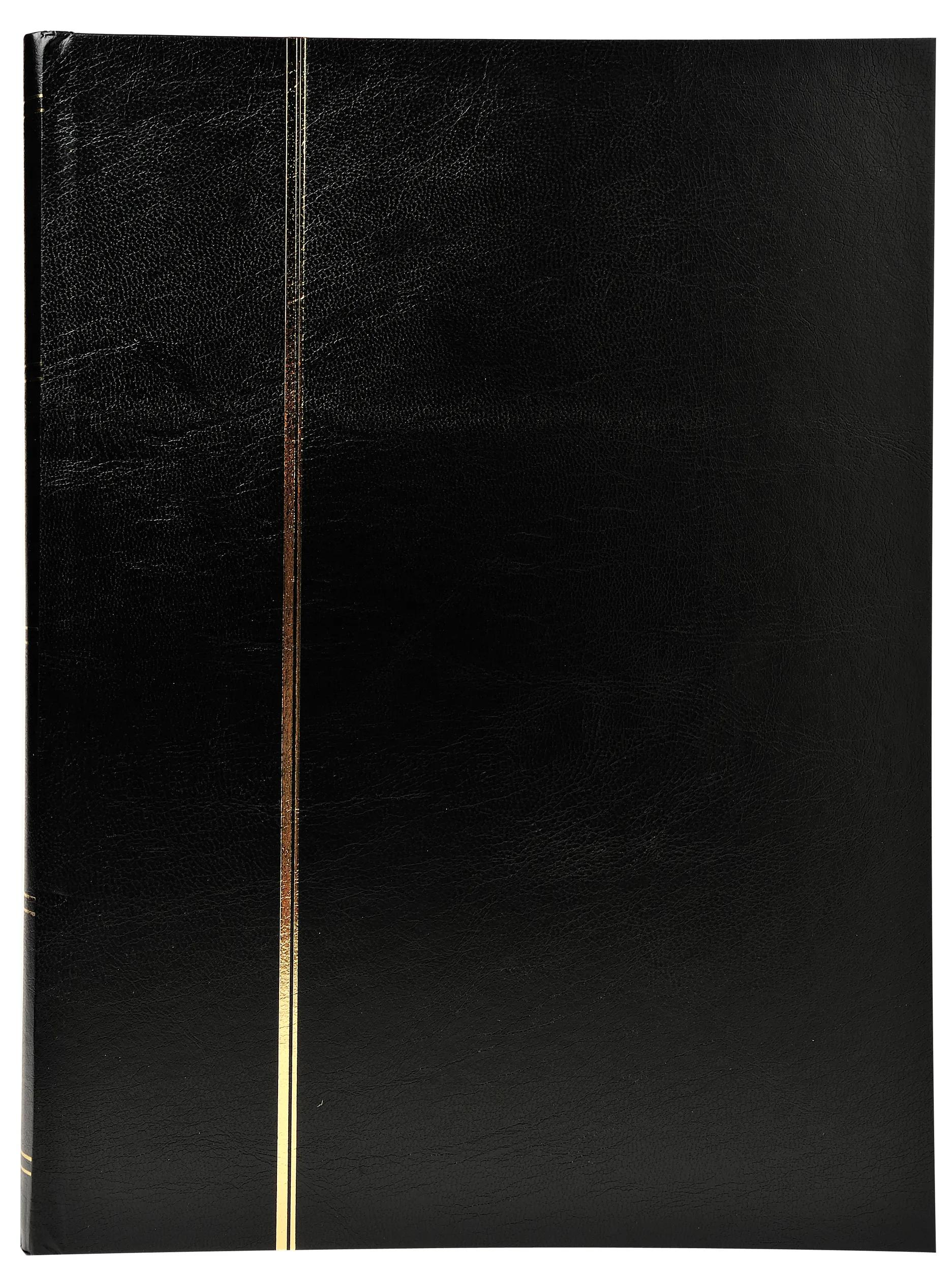 Libro in pelle nera con strisce dorate verticali sul lato sinistro.