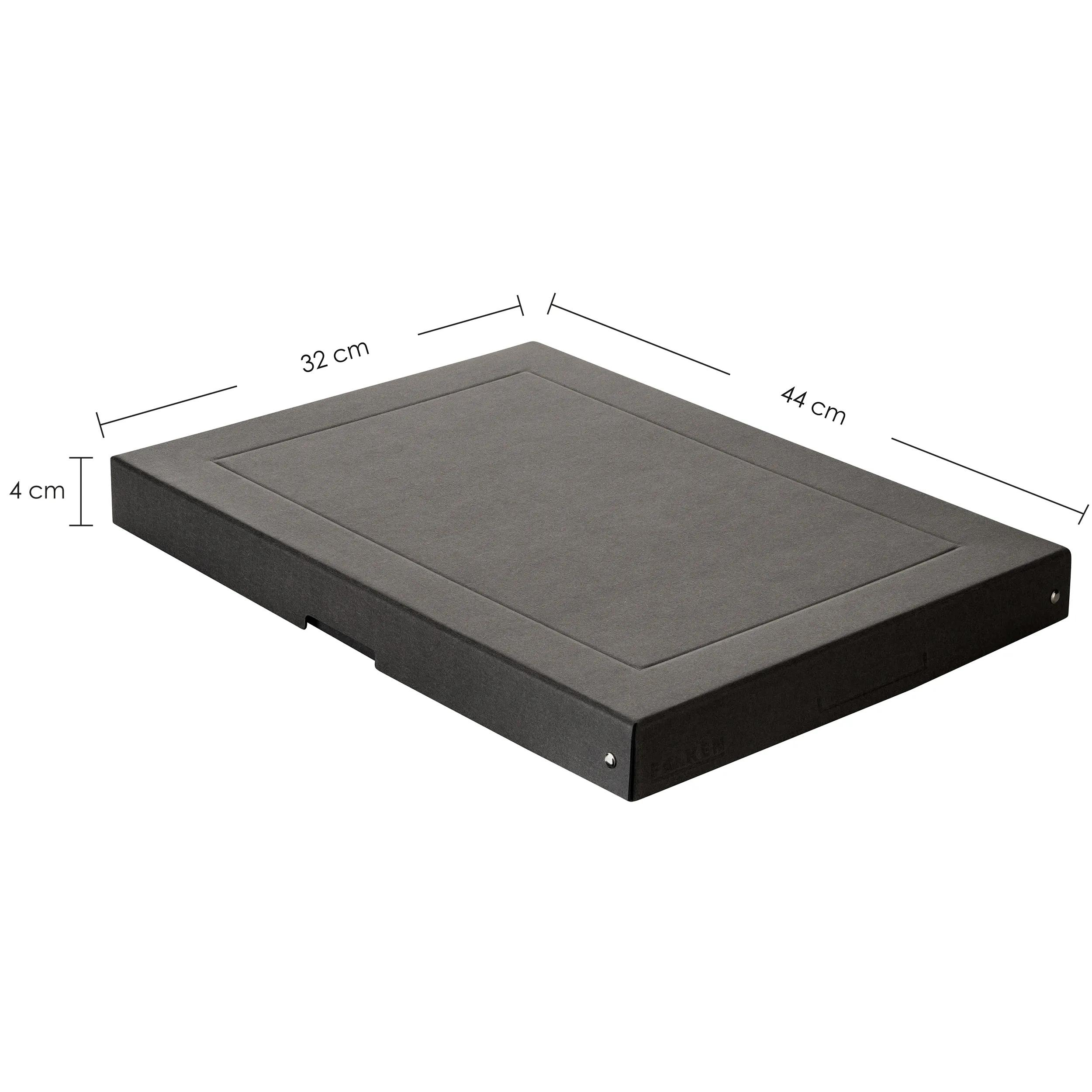 Caja plana negra, 44x32x4cm, con dimensiones indicadas.