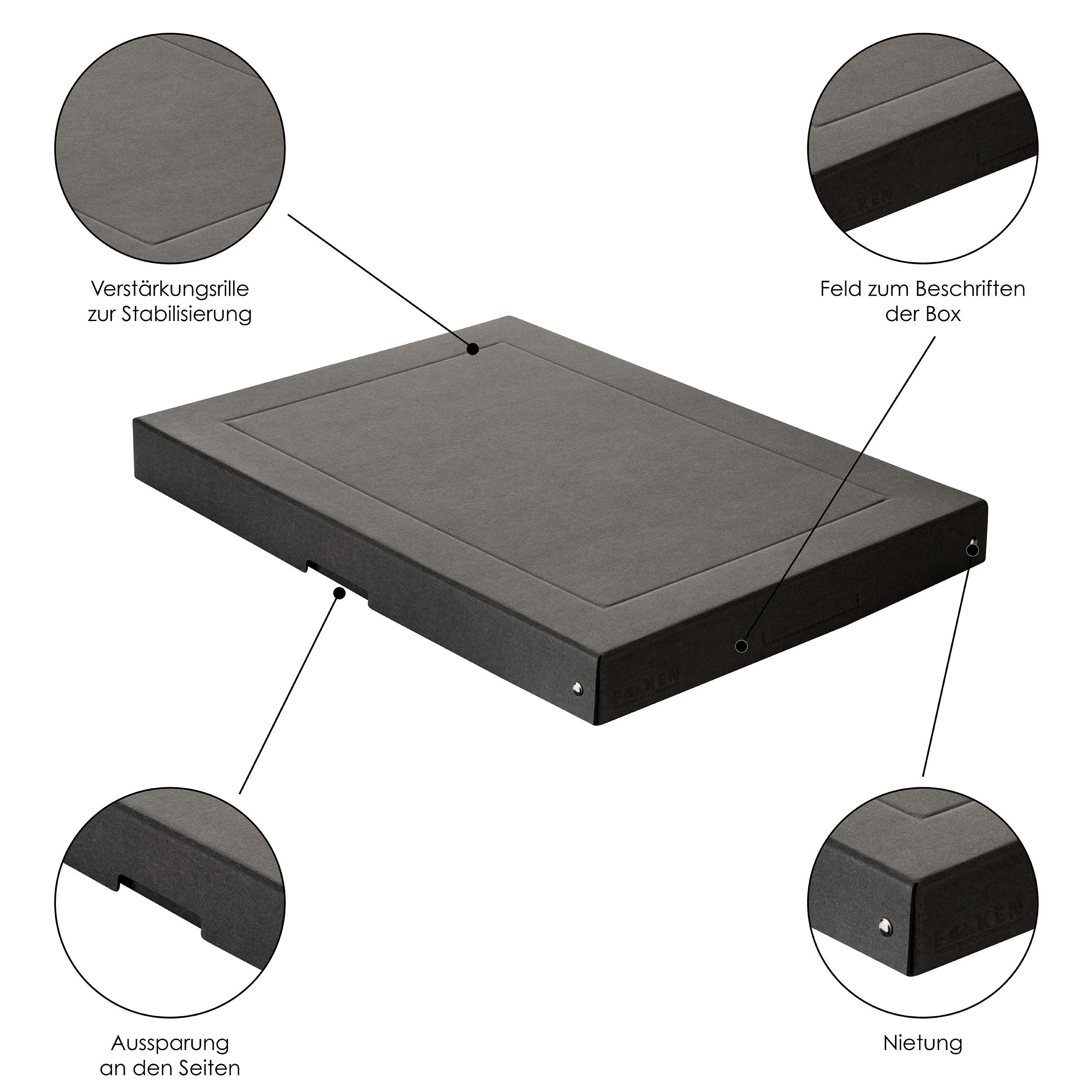 Caja de almacenamiento gris oscuro destacando detalles como remaches y recortes. Ranura.