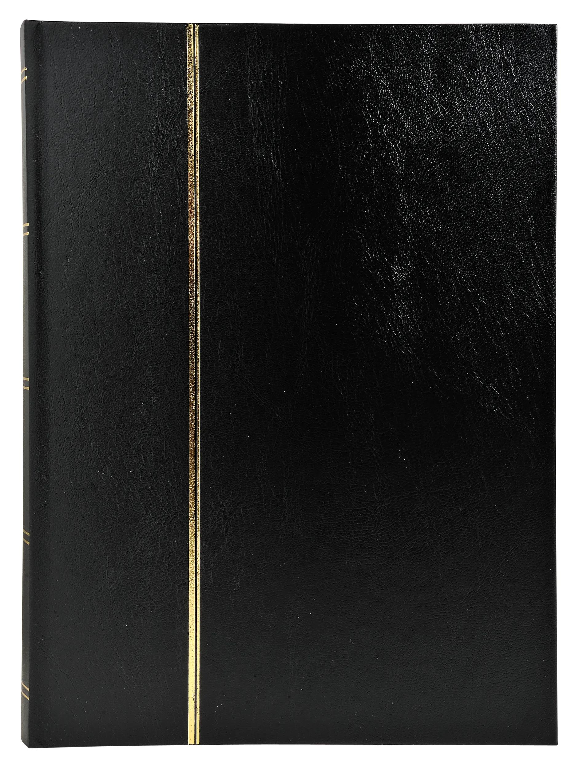 Un libro nero con finitura dorata su sfondo bianco.