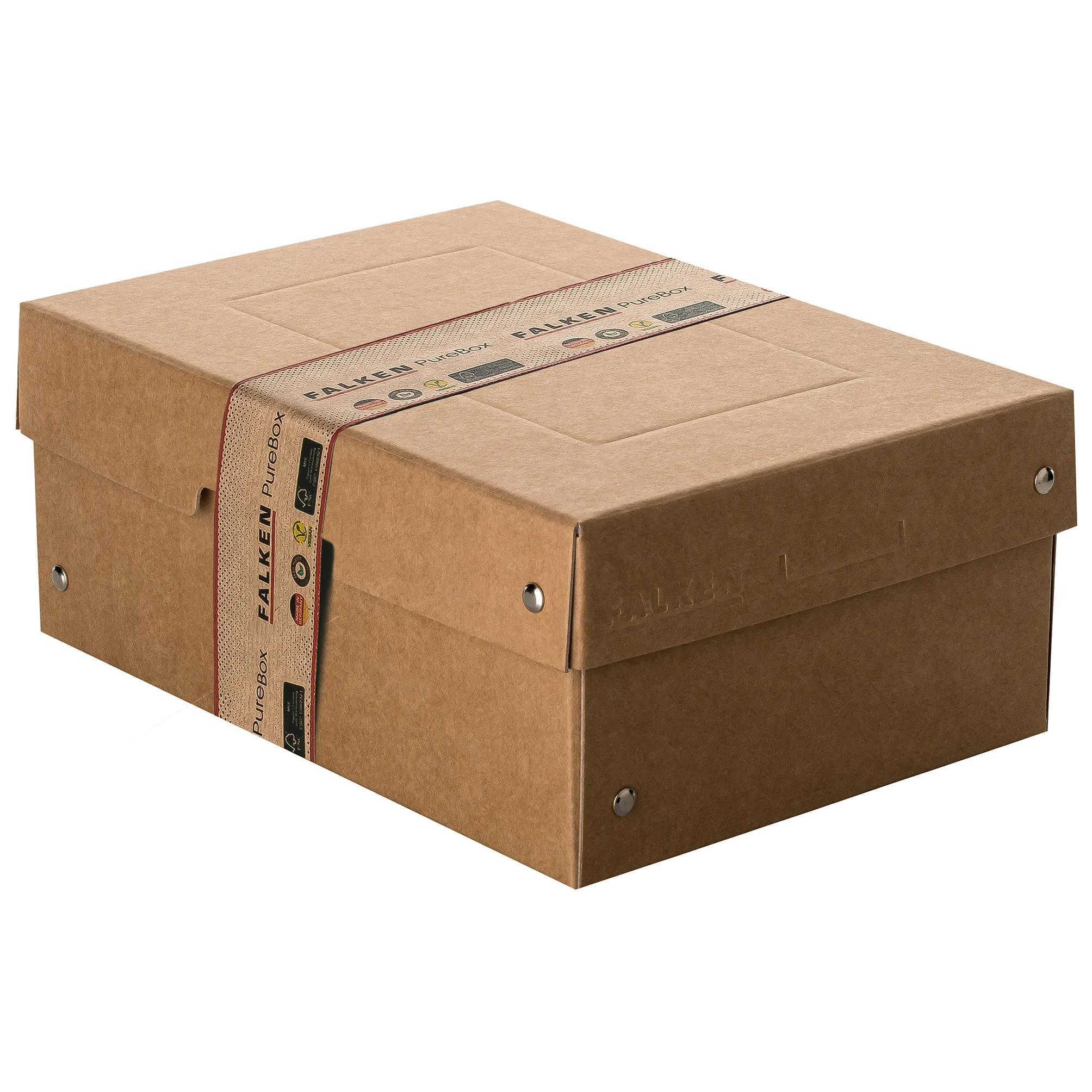 Una caja de cartón marrón asegurada con una banda que dice "FALKEN PureBox".