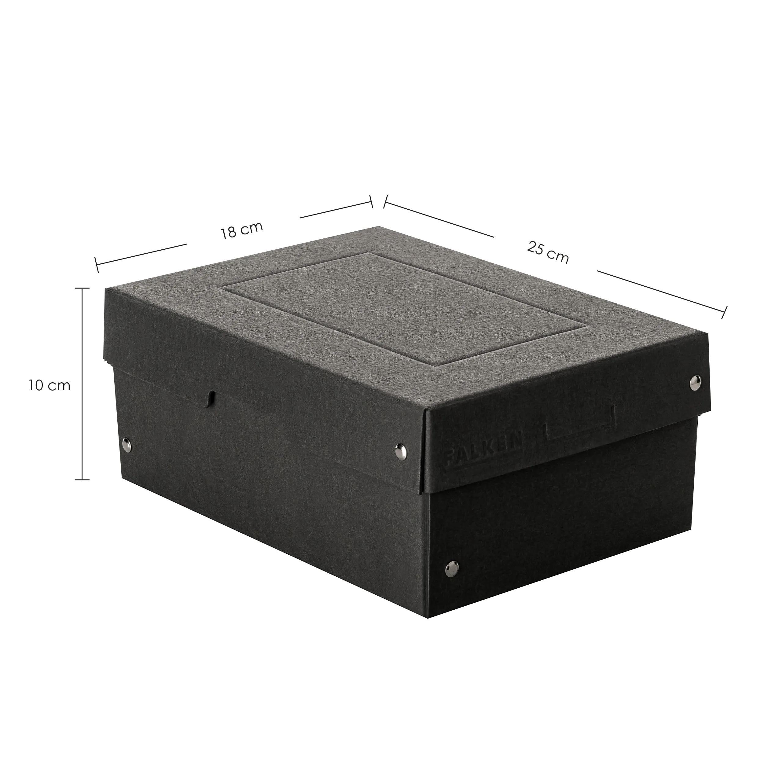 Caja de almacenamiento negra con tapa, dimensiones 25x18x10 cm.