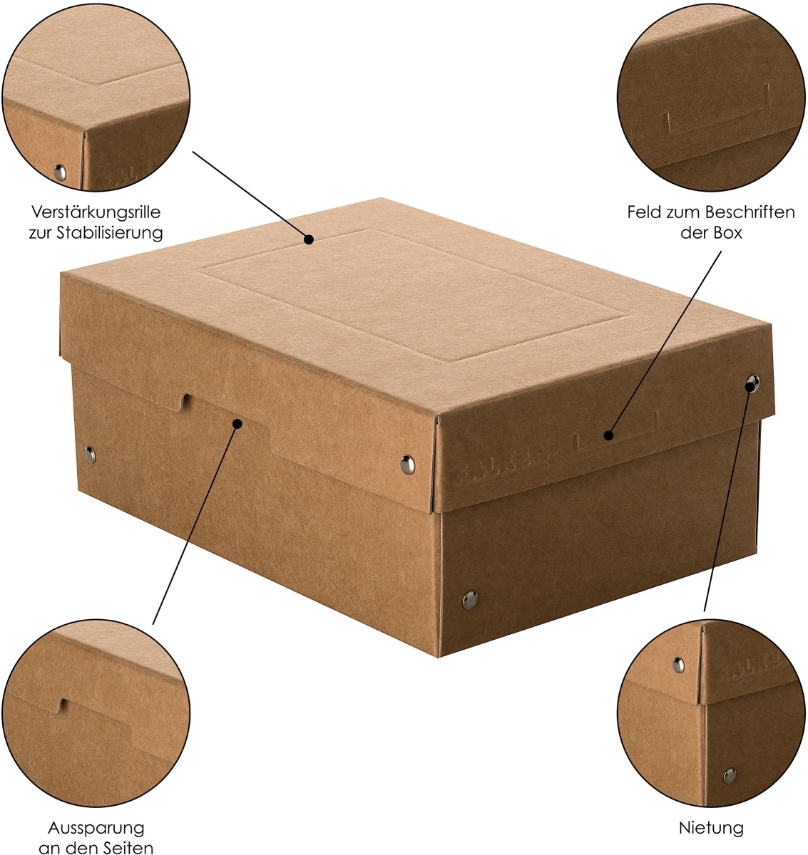 Caja de cartón marrón con esquinas reforzadas y campo para etiquetar.