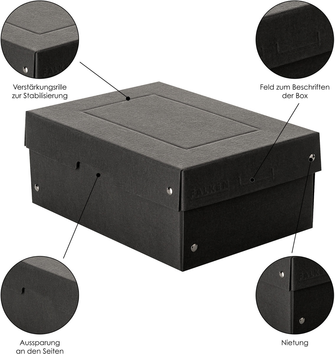 Caja de almacenamiento negra con tapa, esquinas reforzadas y campo para etiquetar.