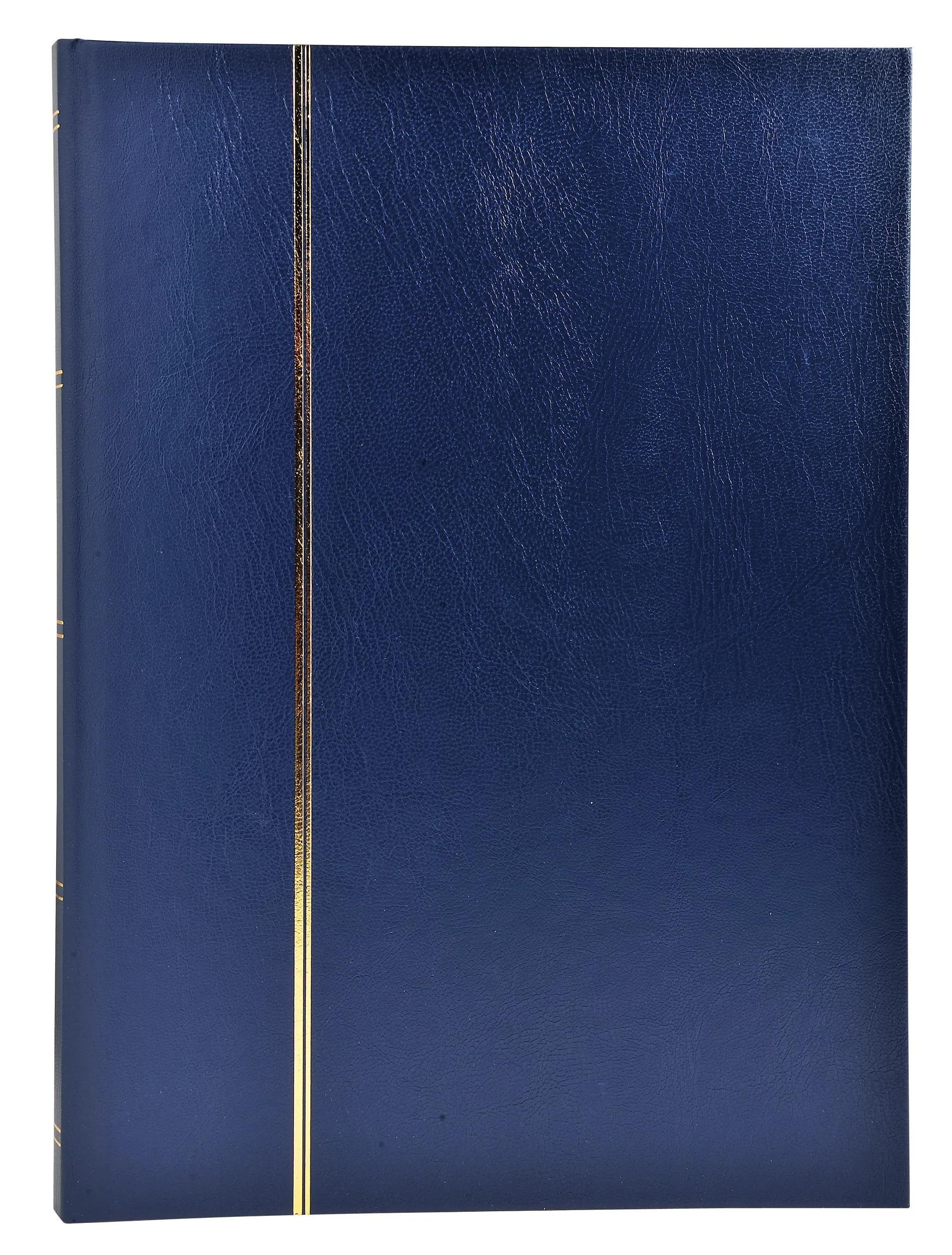 Un raccoglitore blu scuro con due strisce decorative dorate verticali sul lato sinistro.