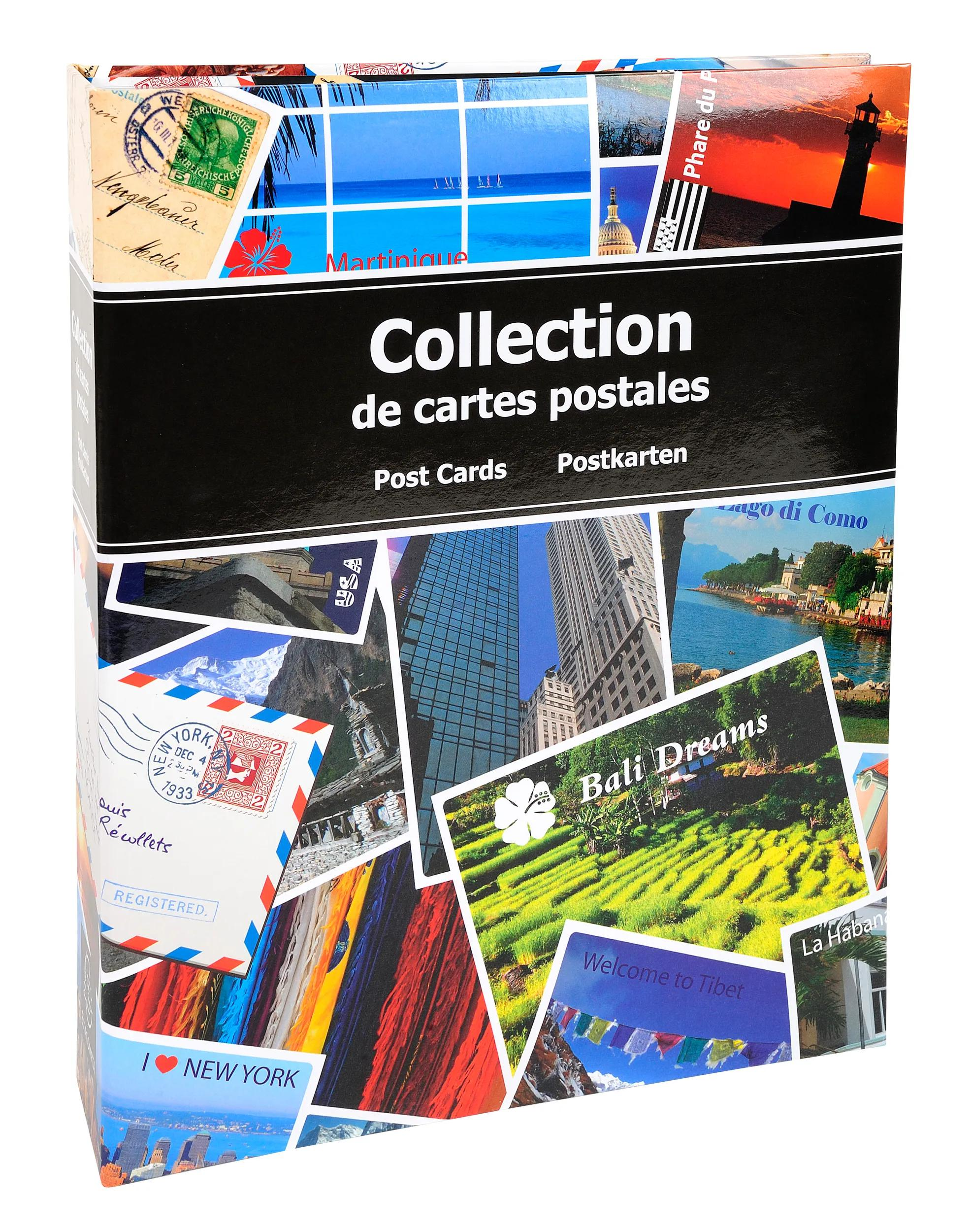 Una colección de postales con imágenes de Nueva York, Bali, Martinica, Lago de Como.
