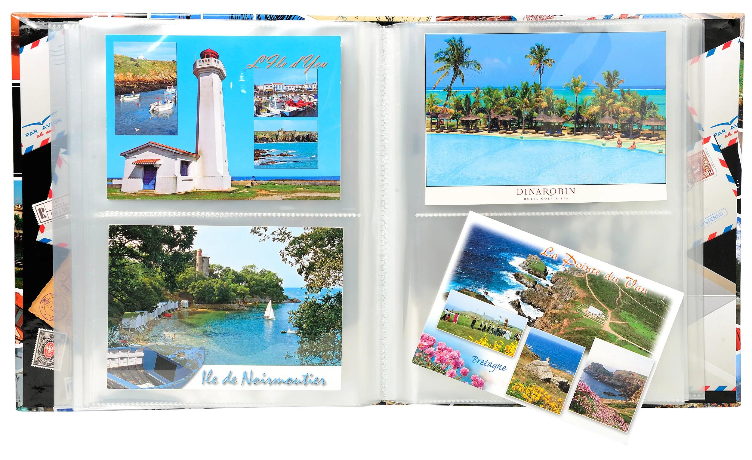 Páginas de álbum con postales de faros, playas, resorts y paisajes costeros.
