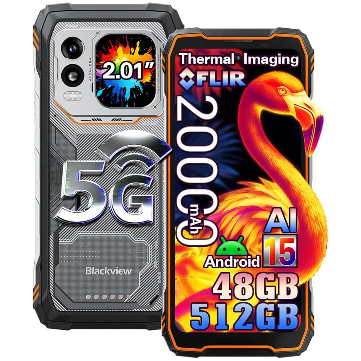 Smartphone robusto con 5G, batería de 20000mAh, imagen térmica y pantalla de flamenco.