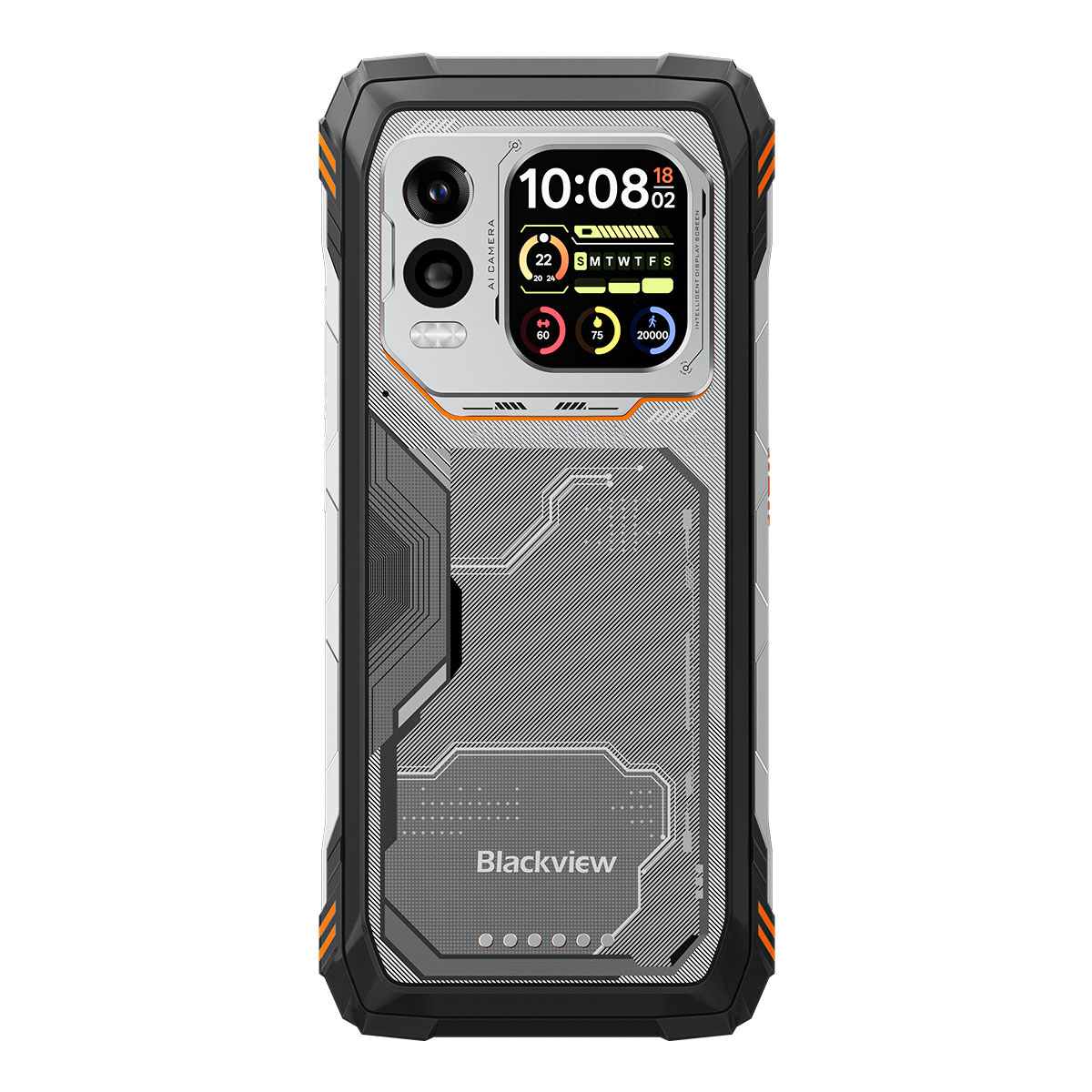 Teléfono Blackview robusto con cámara trasera y pantalla con hora e iconos.