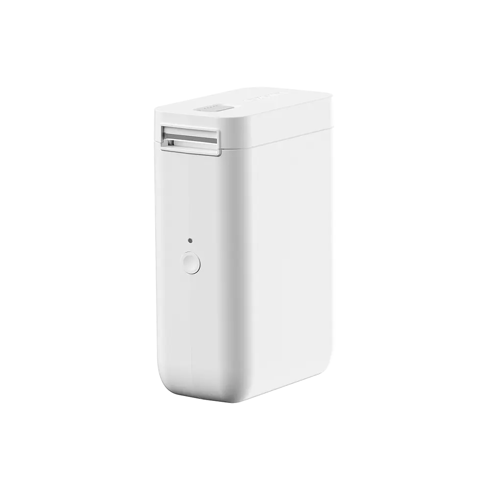 Białe, prostokątne urządzenie z gniazdem na górze i przyciskiem z przodu.