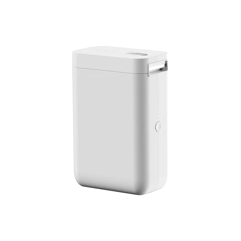 Biała drukarka przenośna z otworem na górze i przyciskiem z boku.