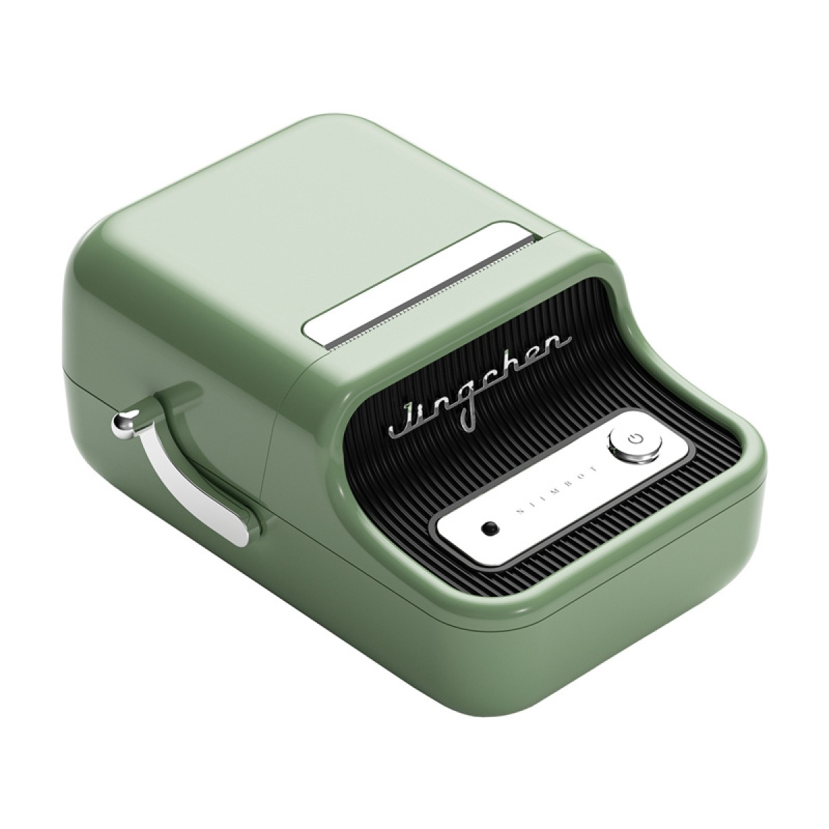 Una stampante per etichette verde di ispirazione retrò con maniglia e pulsante argentati.