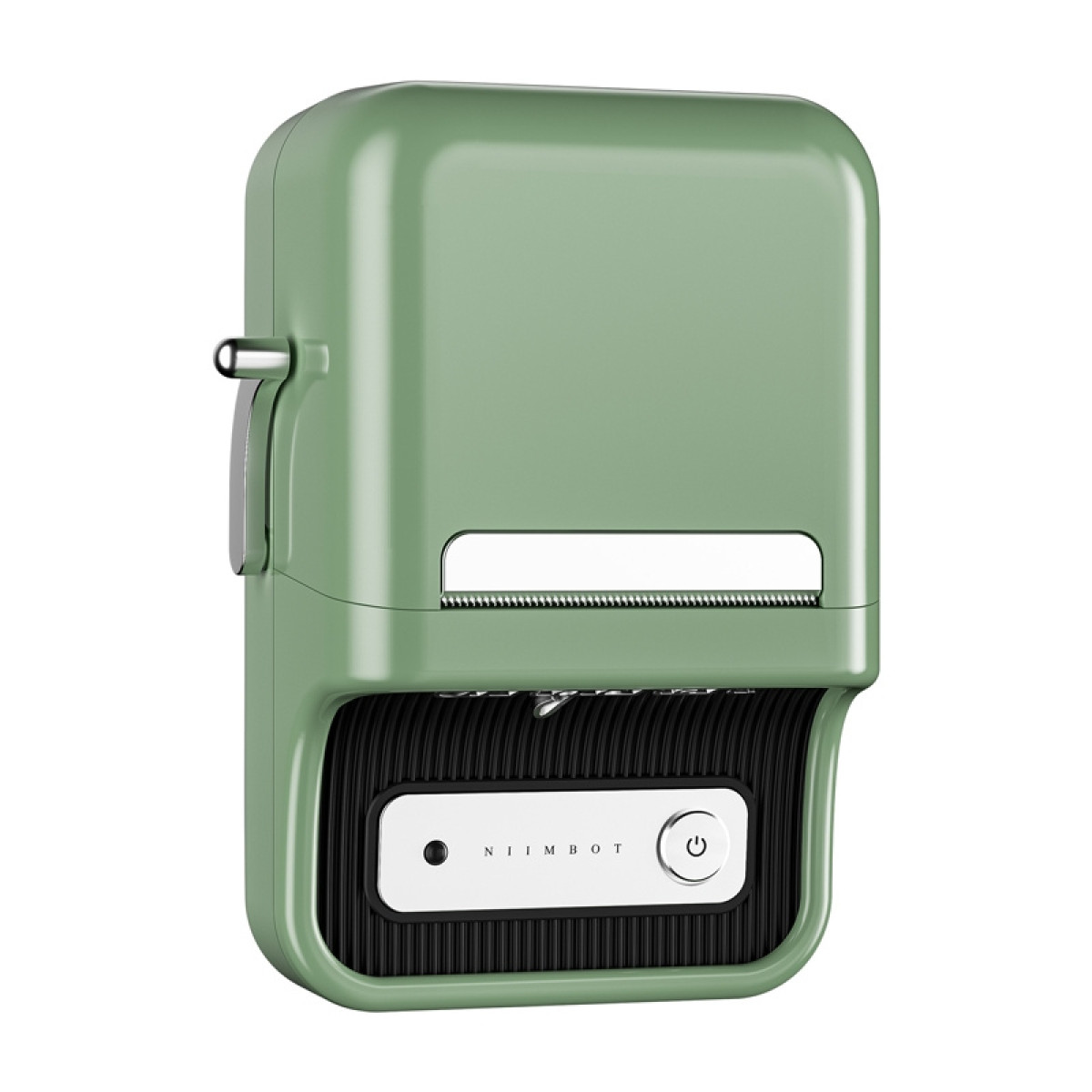 Una stampante per etichette verde con leva argentata e ritaglio per carta.