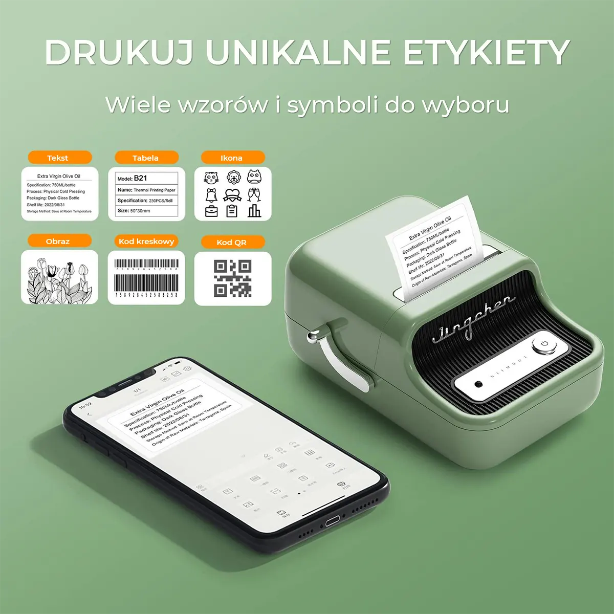 Zielona drukarka etykiet i smartfon pokazują opcje druku: tekst, ikony, kody kreskowe i kody QR.