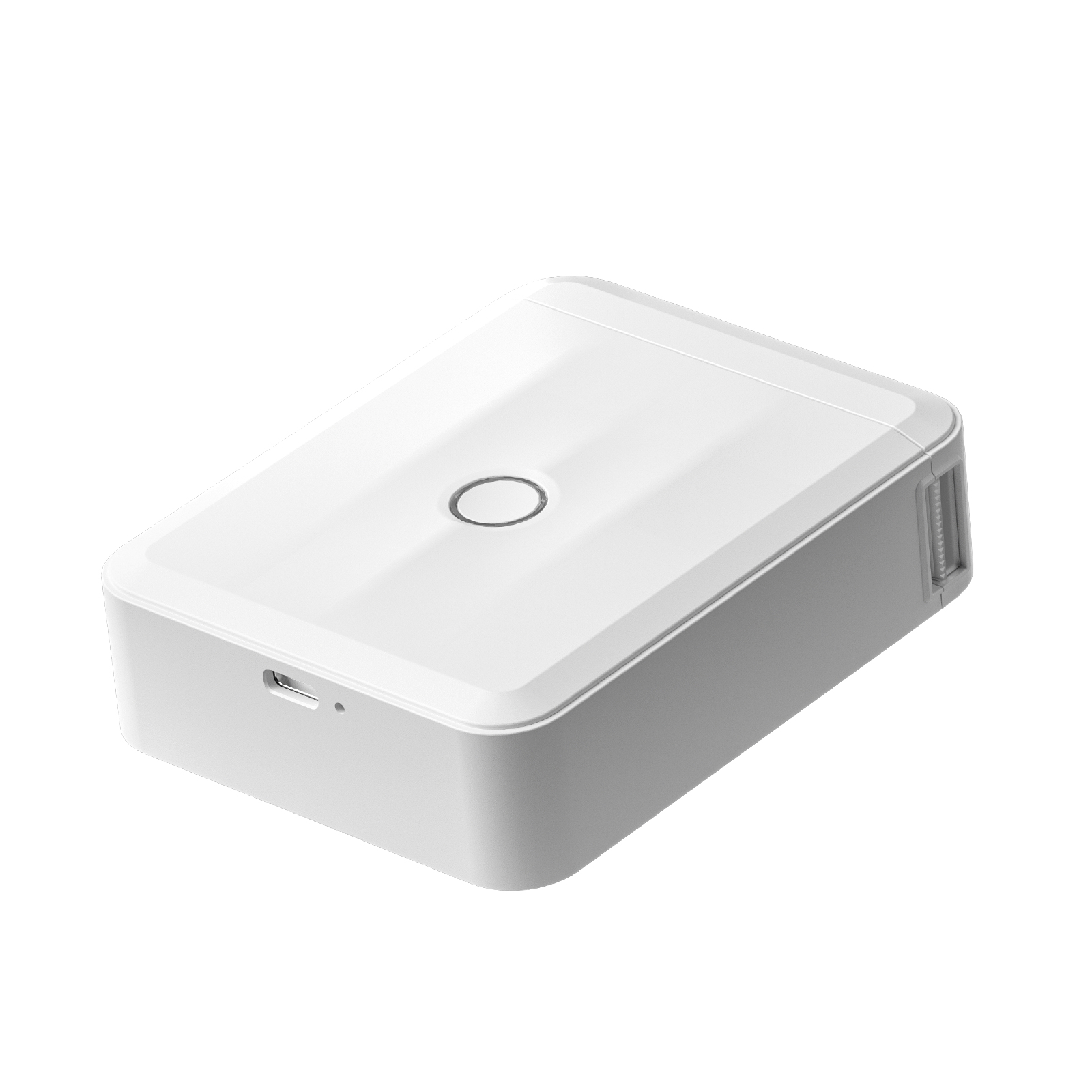 Białe prostokątne urządzenie z okręgiem na górze i portem USB z boku.