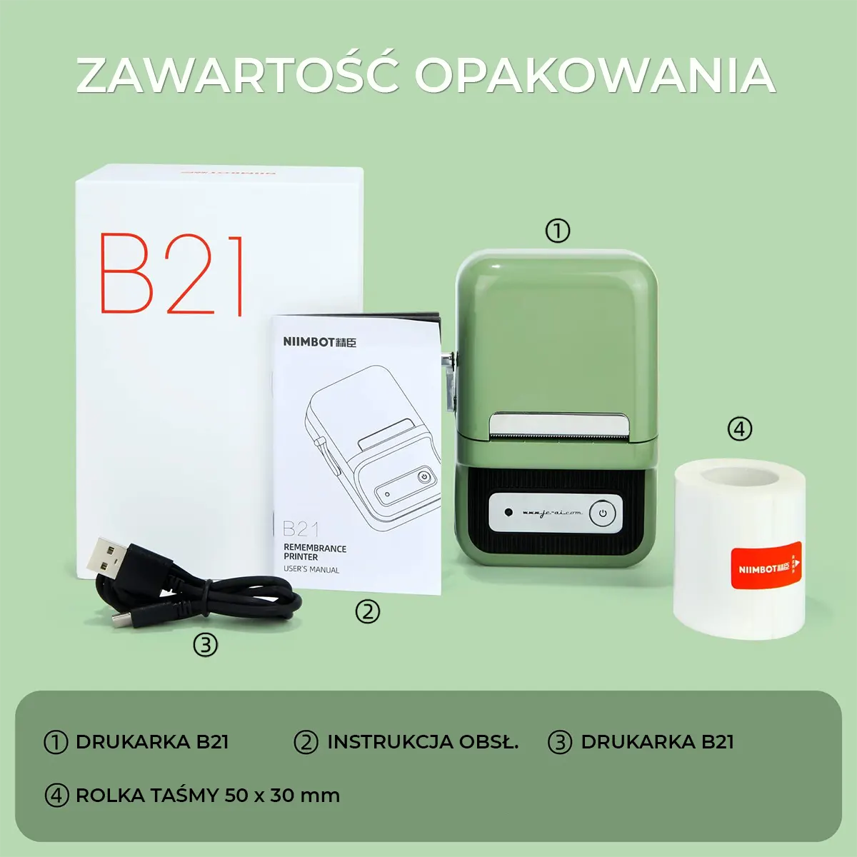 Zawartość opakowania: drukarka B21, instrukcja, kabel USB i rolka taśmy.