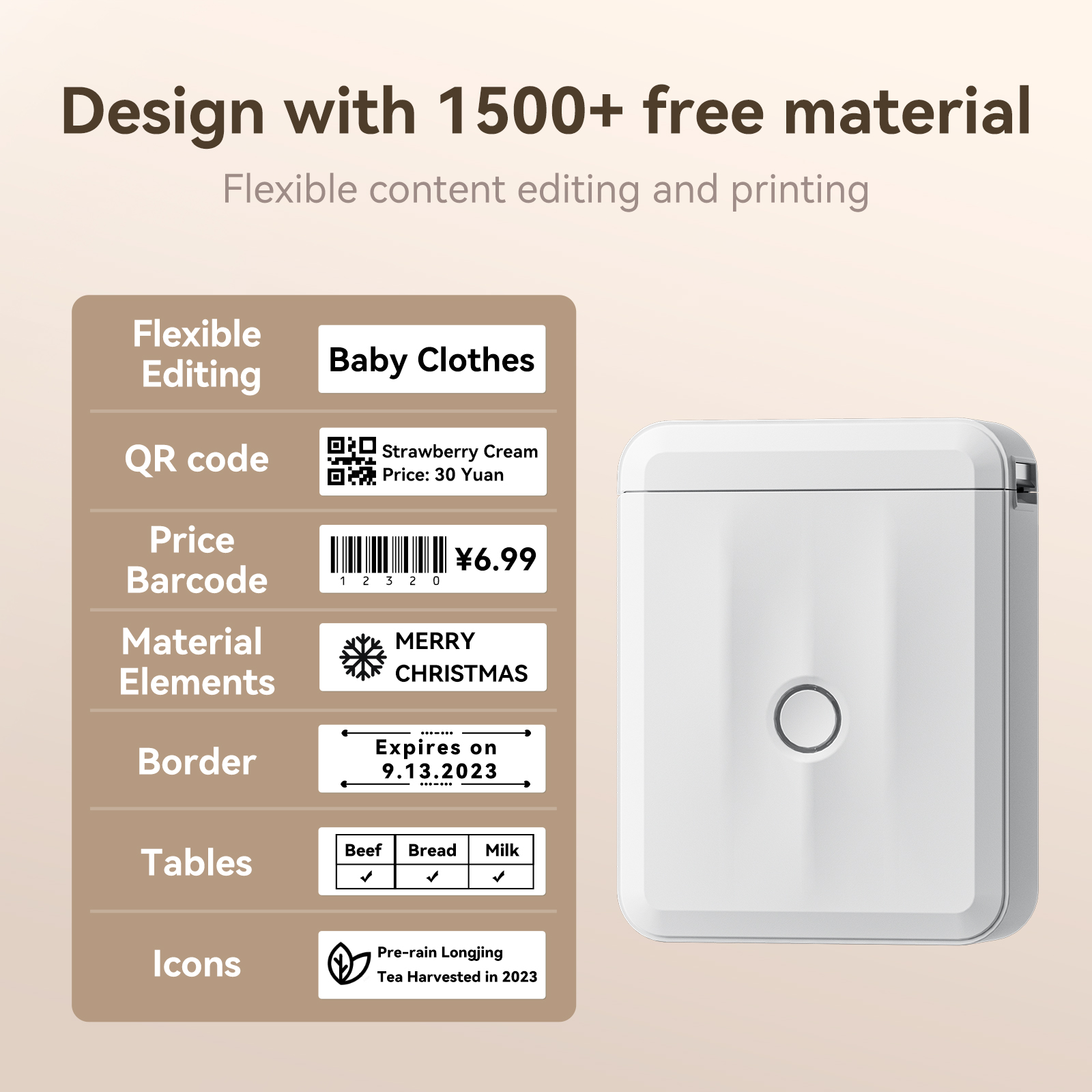 Biała drukarka z przykładami etykiet, tekstu i kodów QR.