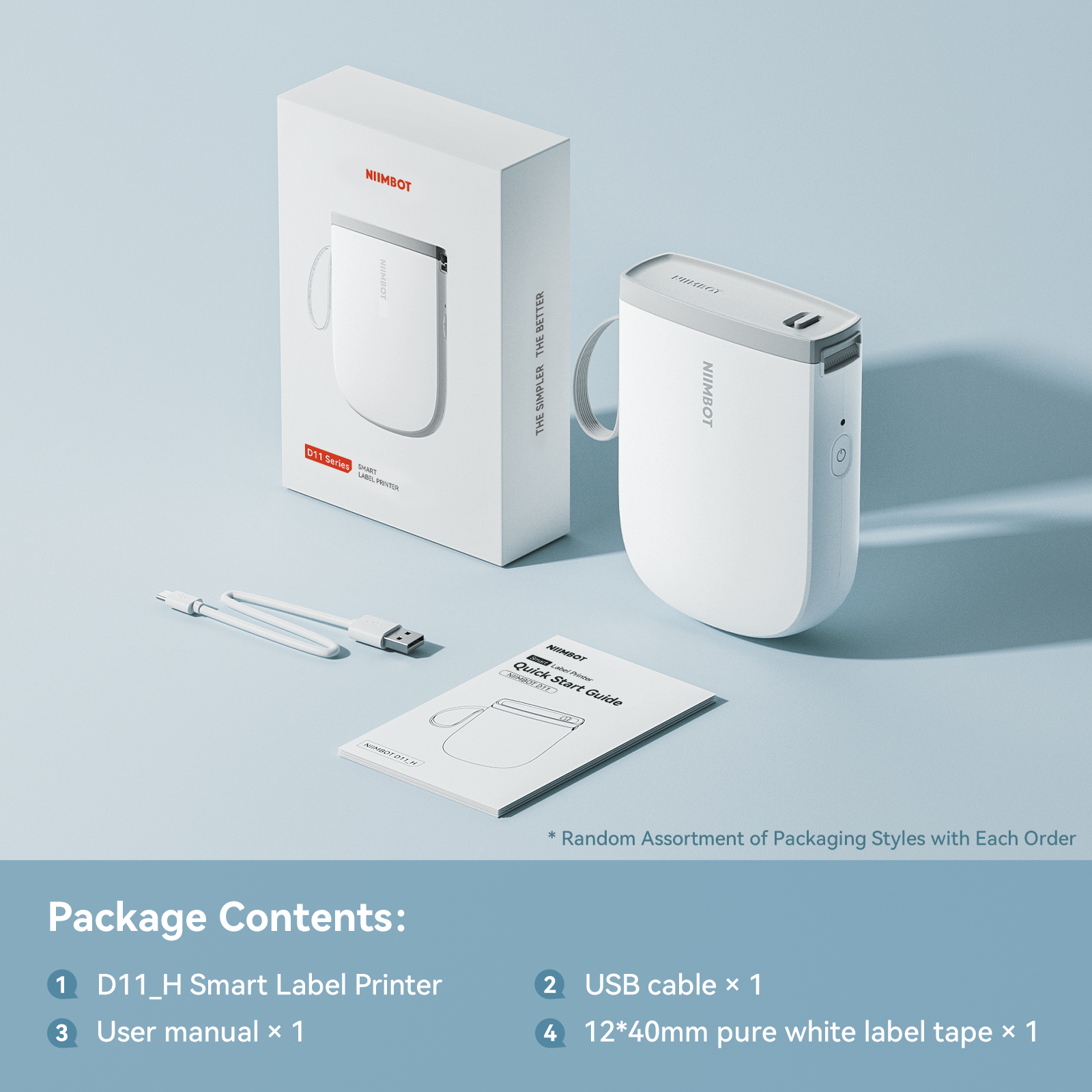 Biała drukarka etykiet z akcesoriami i instrukcją na niebieskim tle.