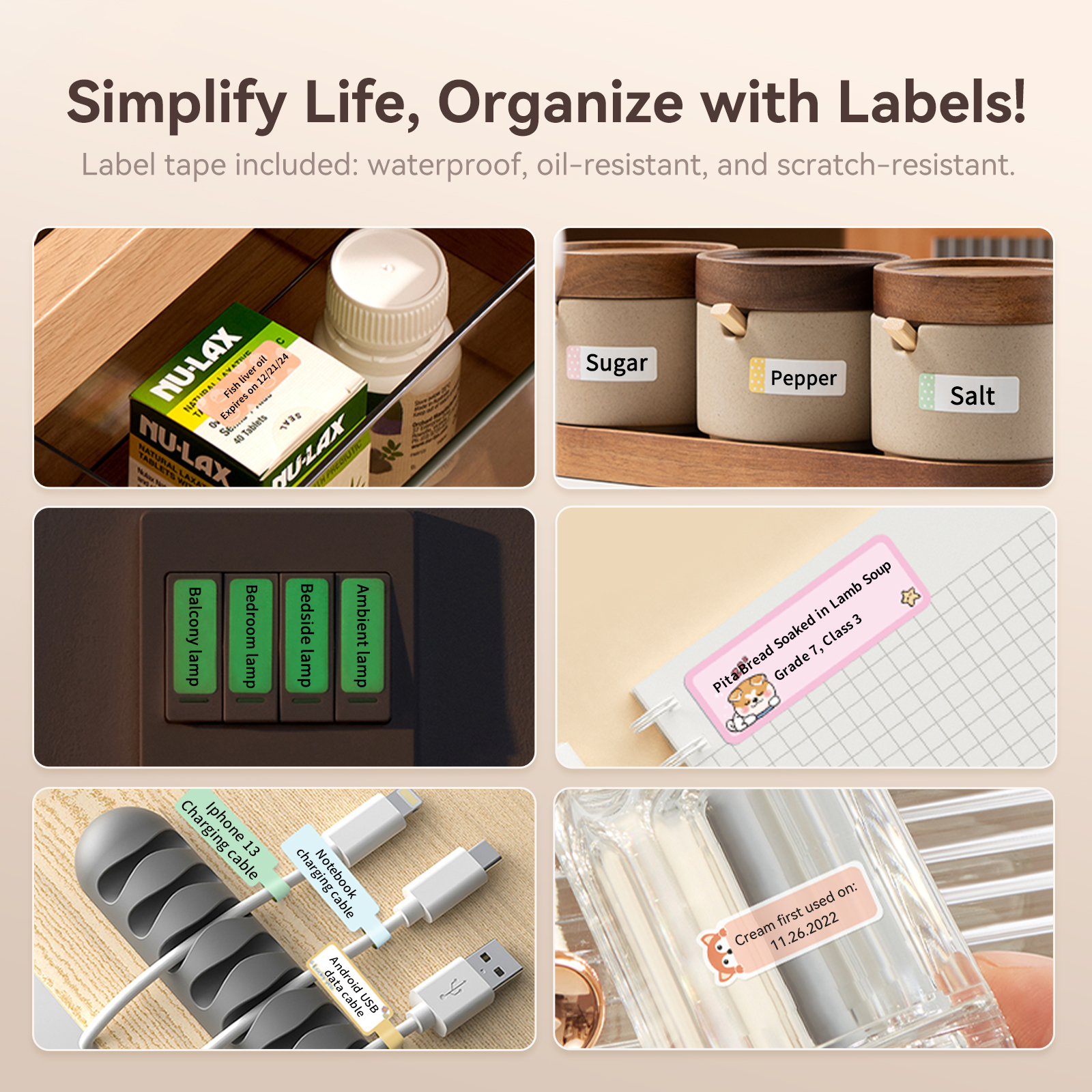 Leki, słoiki na przyprawy, włączniki światła, kable do ładowania, notatnik i pojemnik na krem z etykietami.