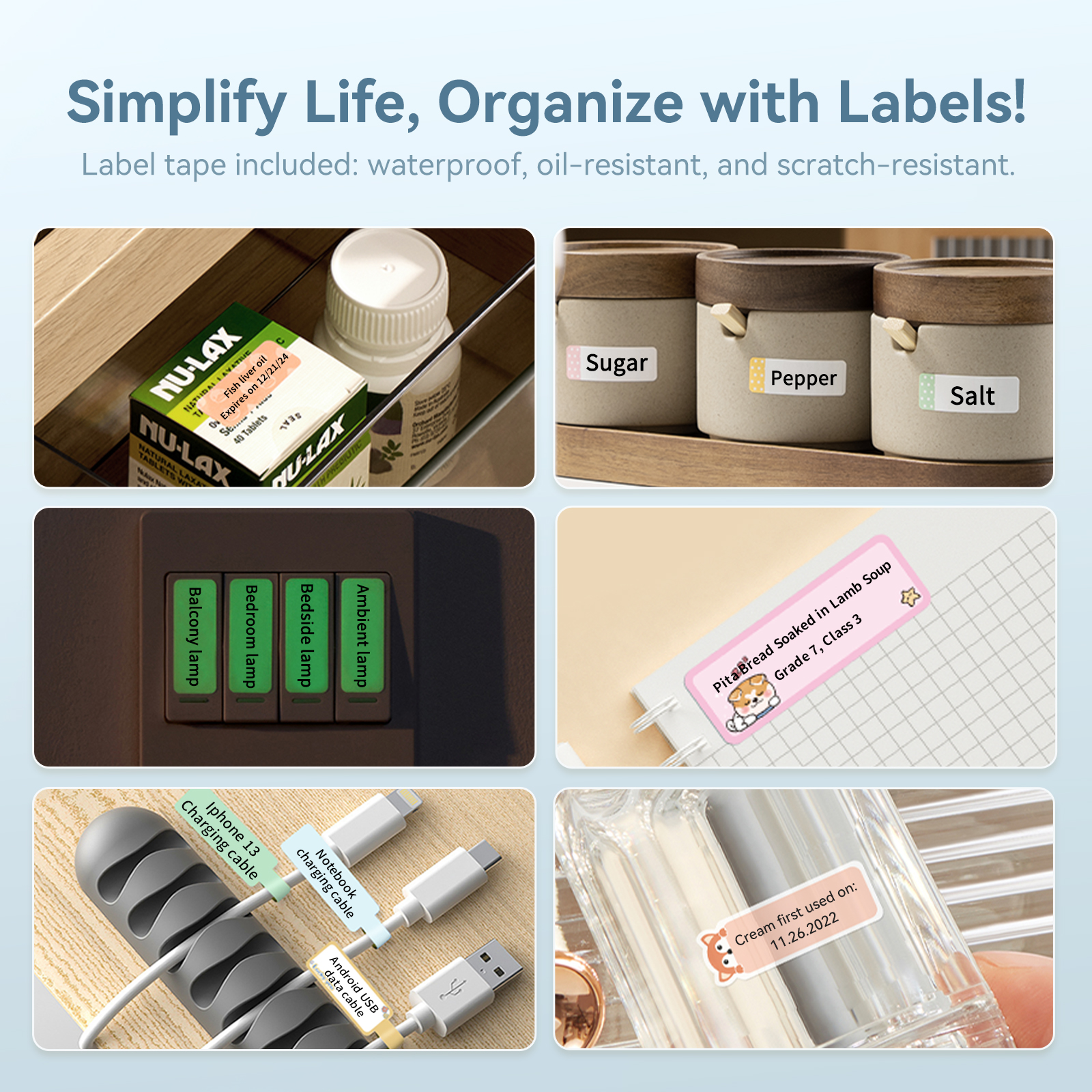 Opisane przedmioty: leki, słoiki na przyprawy, lampy, kable i kosmetyki.