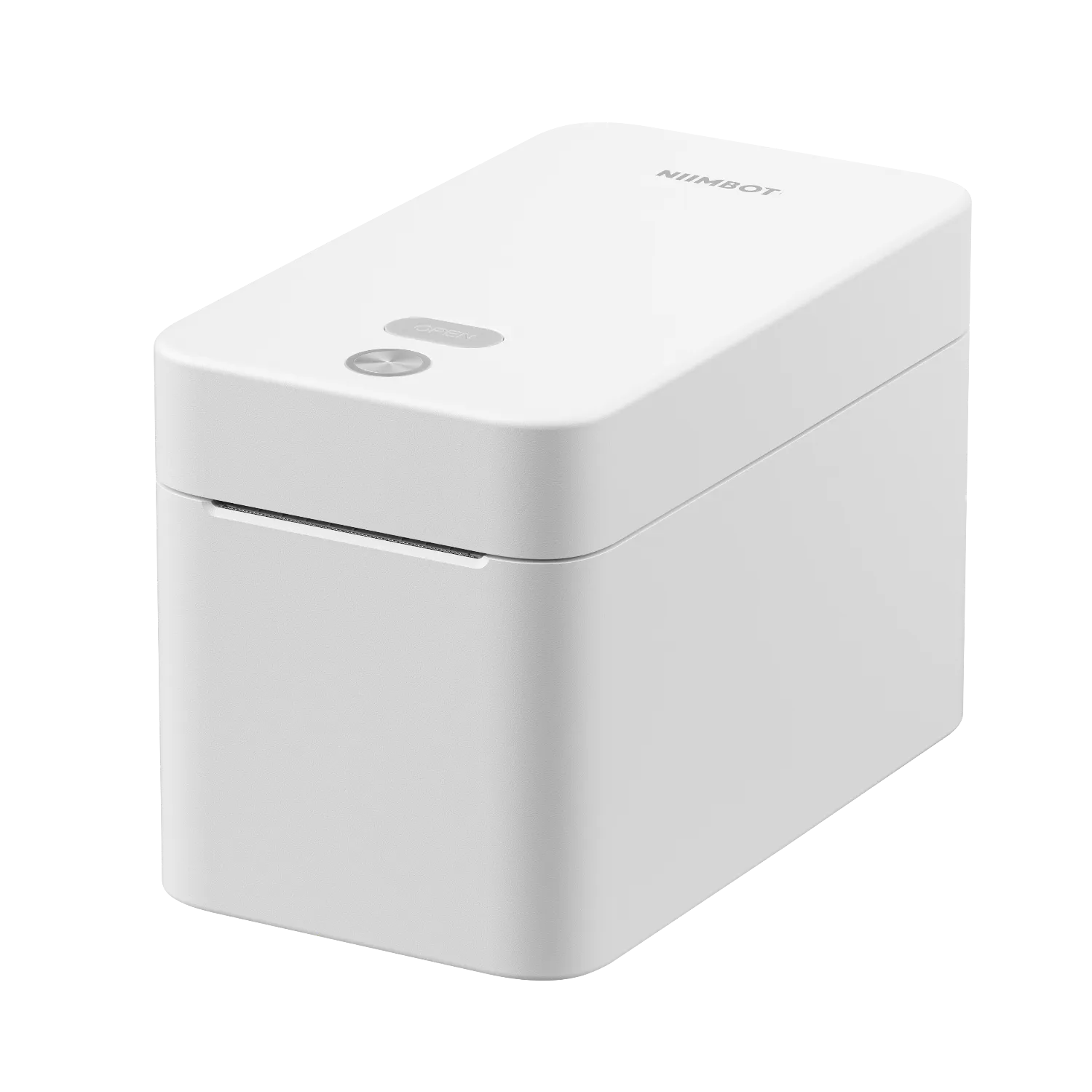 Biała drukarka Niimbot z srebrnymi przyciskami na czarnym tle.