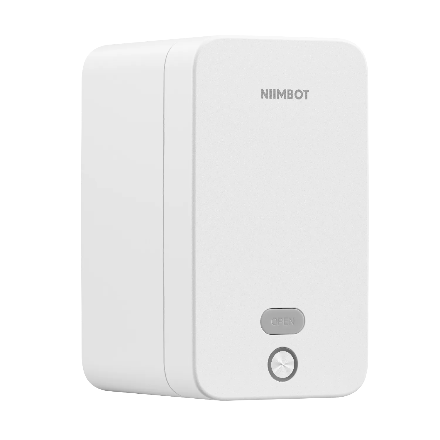 Białe urządzenie NIIMBOT z przyciskiem "OPEN" i okrągłym przyciskiem.