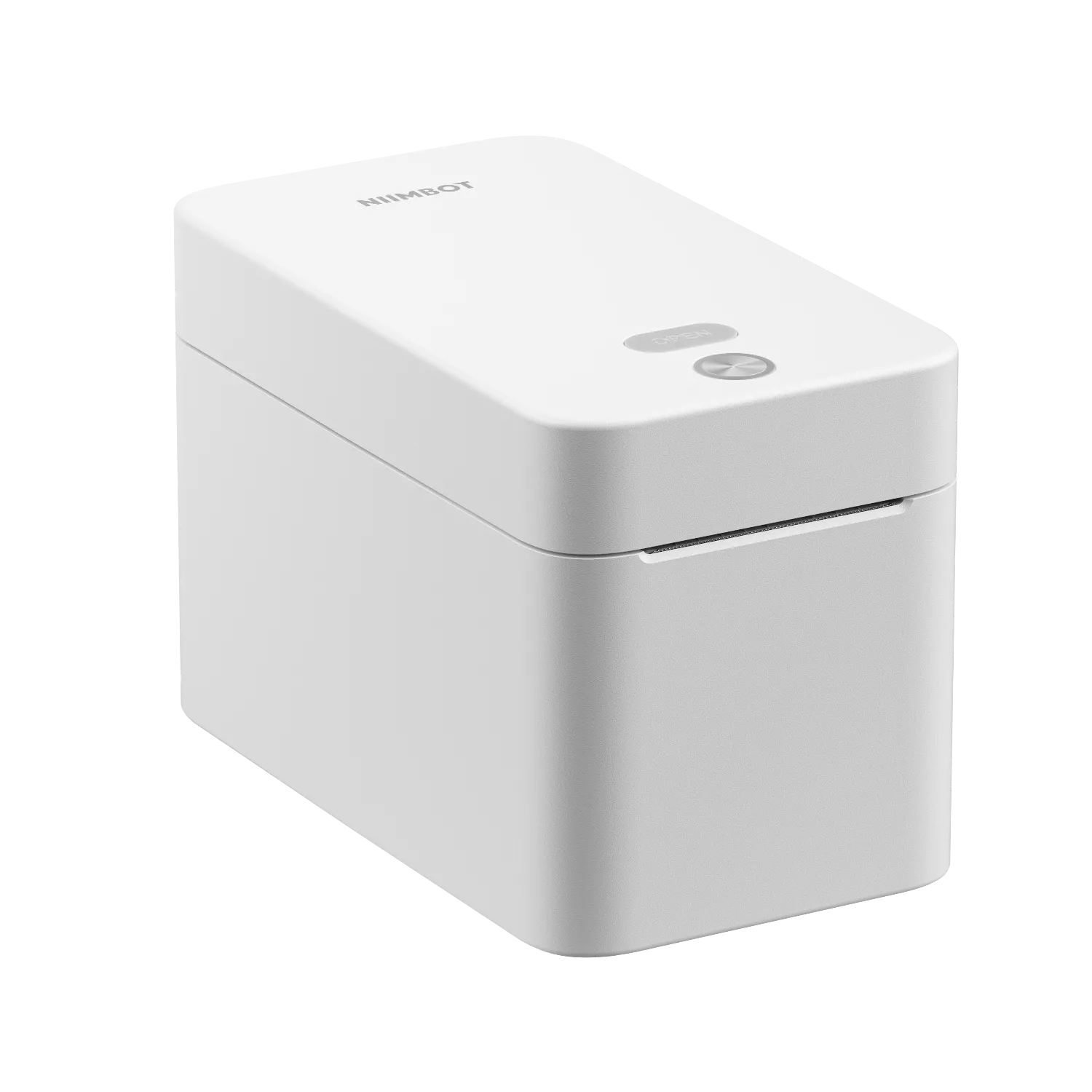 Biała drukarka NIIMBOT z otwartą pokrywą i przyciskiem.