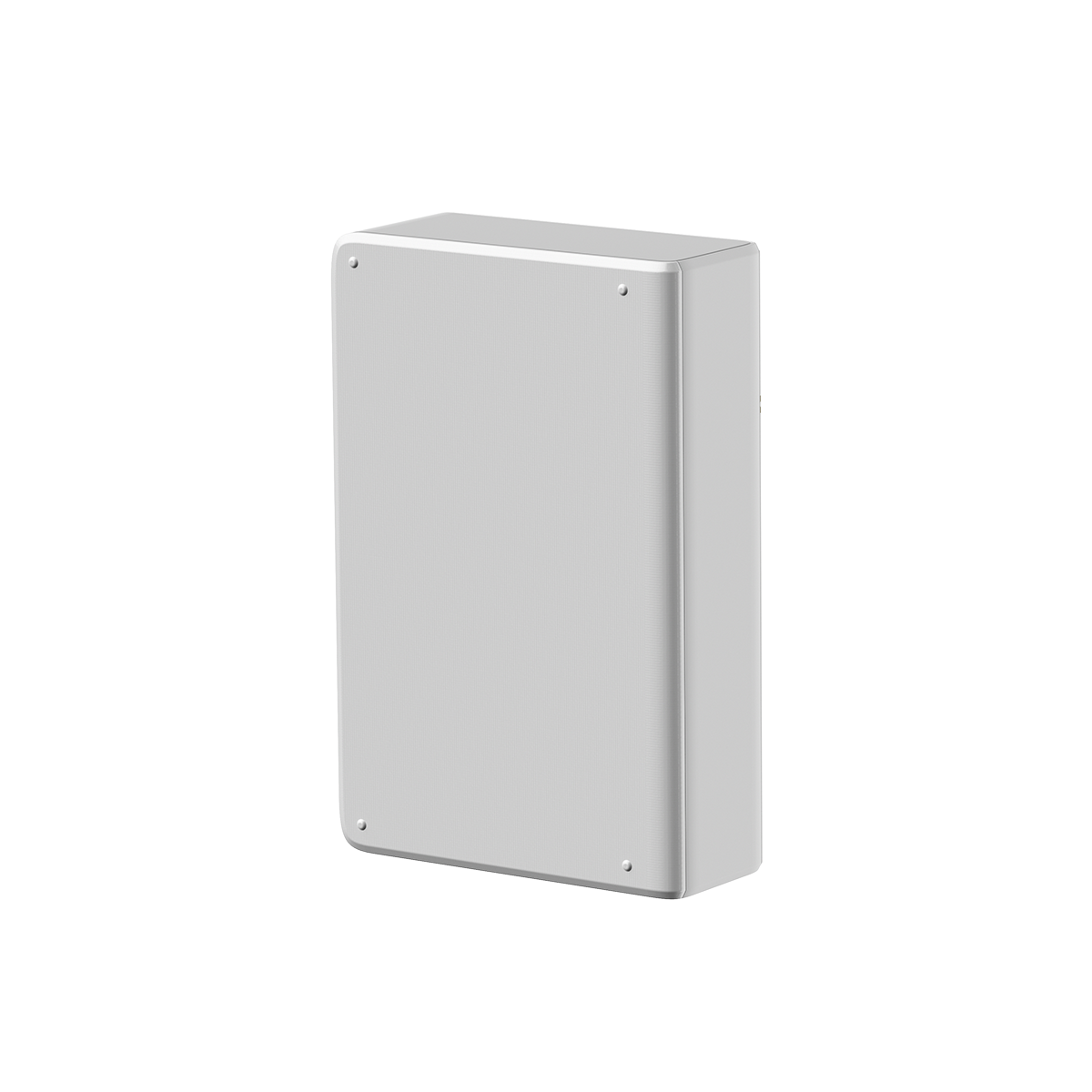 Biała, prostokątna obudowa pochylona w prawo z czterema śrubami.