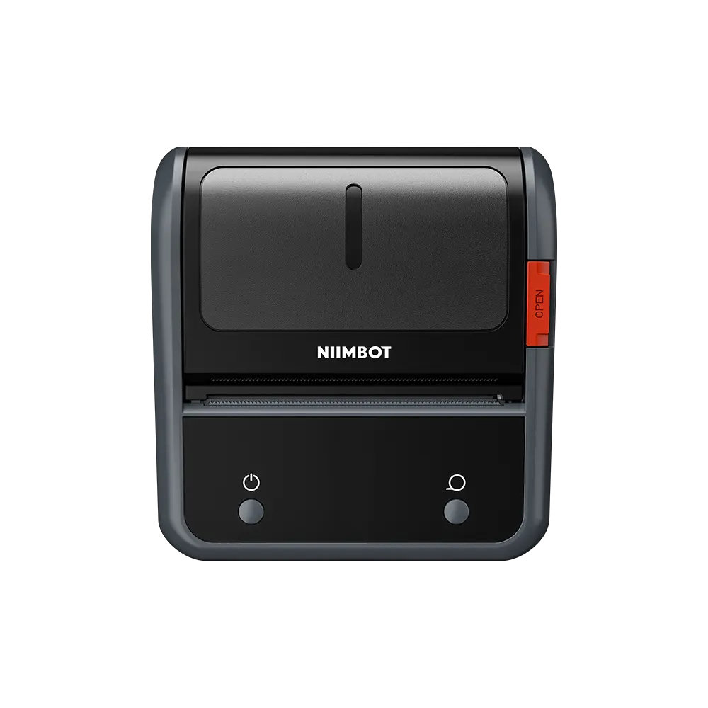 Czarna drukarka Niimbot z czerwonym przyciskiem "OPEN" i dwoma przyciskami.