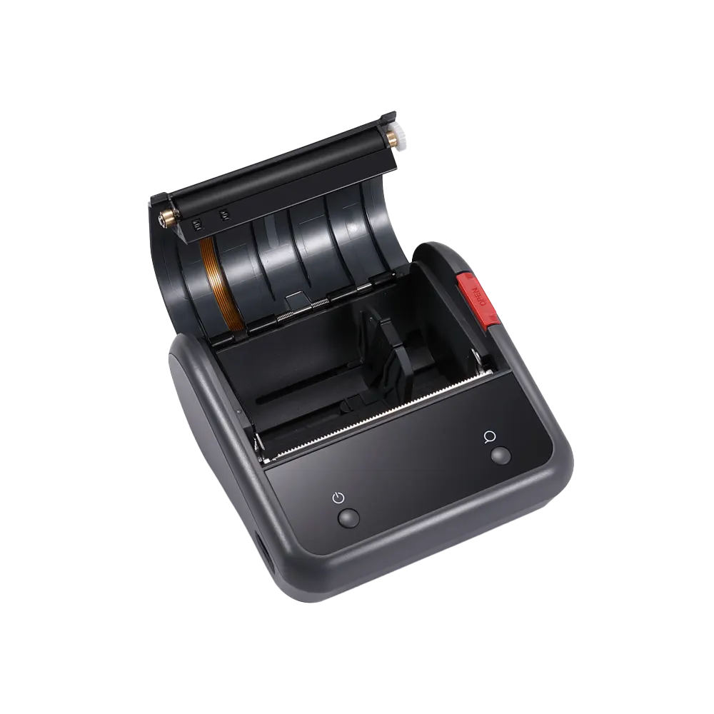 Otwarta, ciemna drukarka termiczna z rolką papieru w środku.