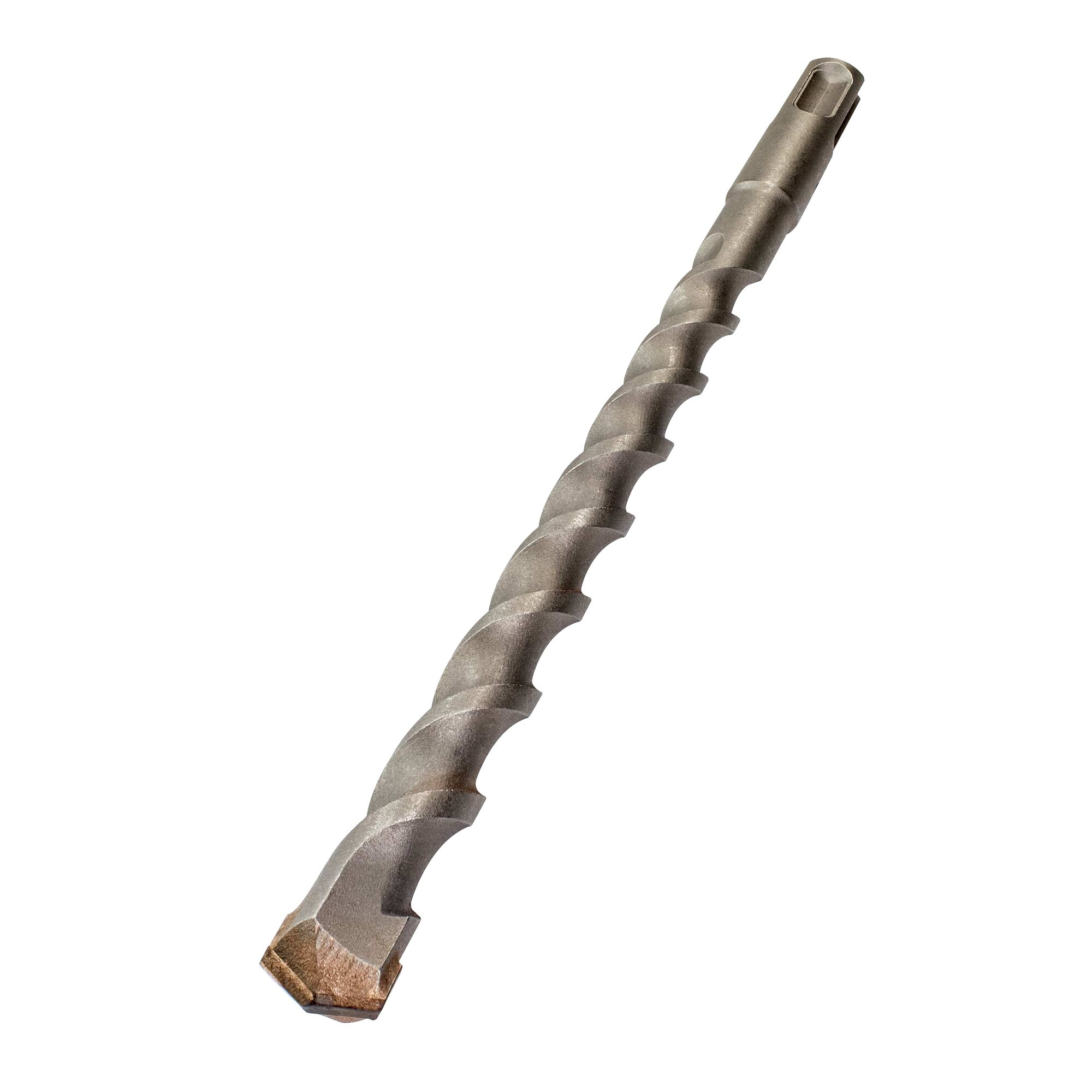 Yontulmuş ucu ve spiral olukları olan metal matkap ucu.
