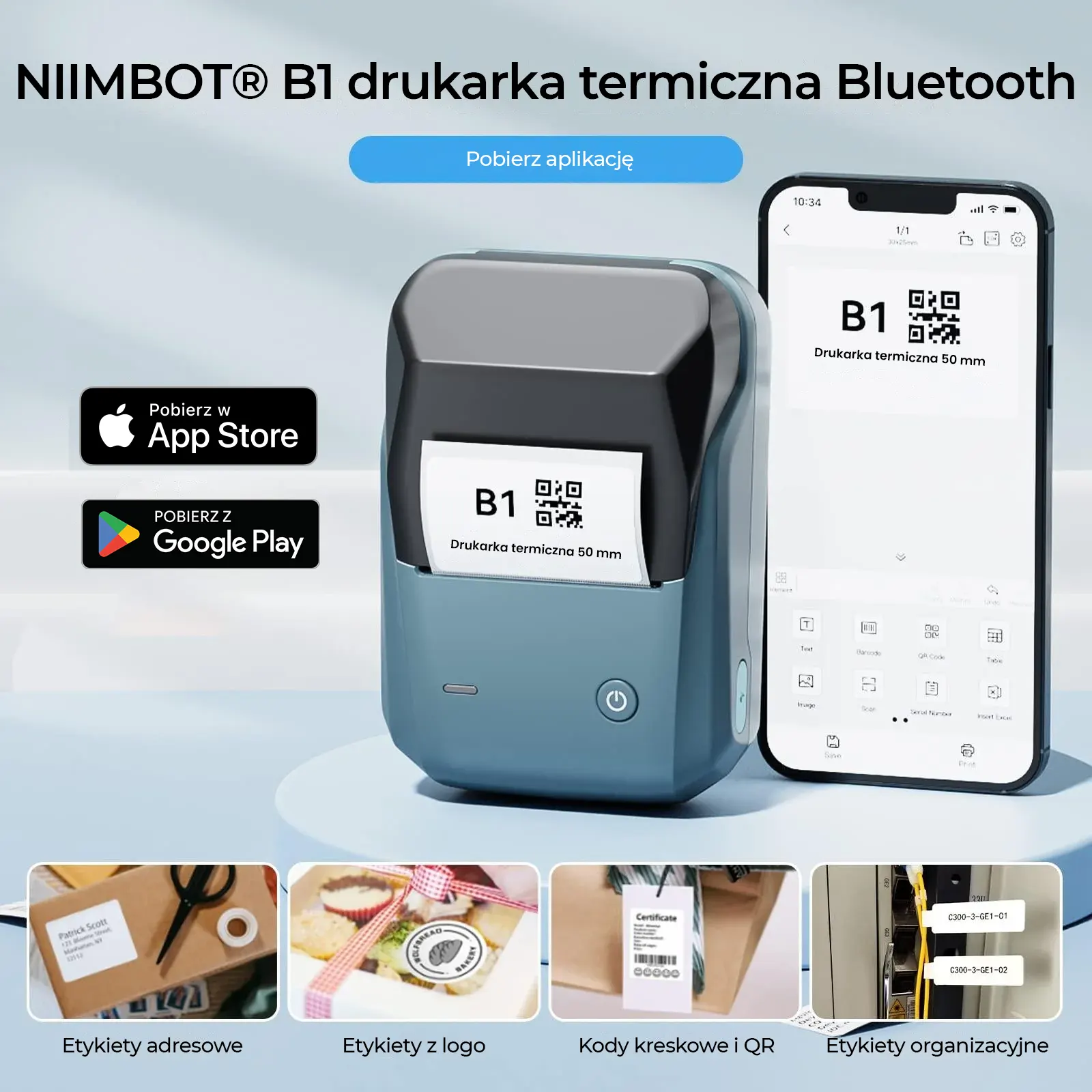 Niebieska drukarka Niimbot B1 pokazana ze smartfonem wyświetlającym etykiety.