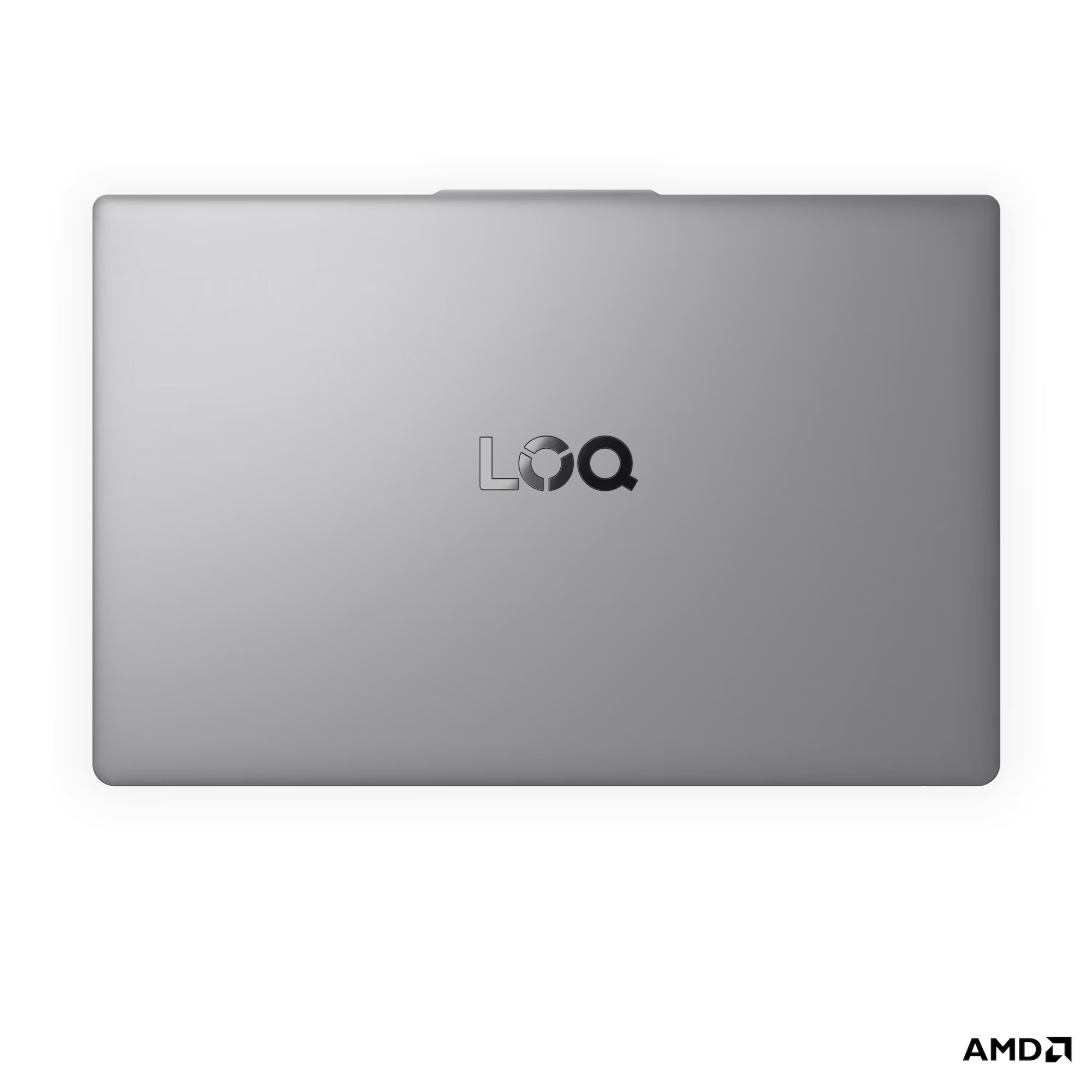 Kapalı gümüş dizüstü bilgisayar, LOQ logosu ve sağ altta AMD logosu.