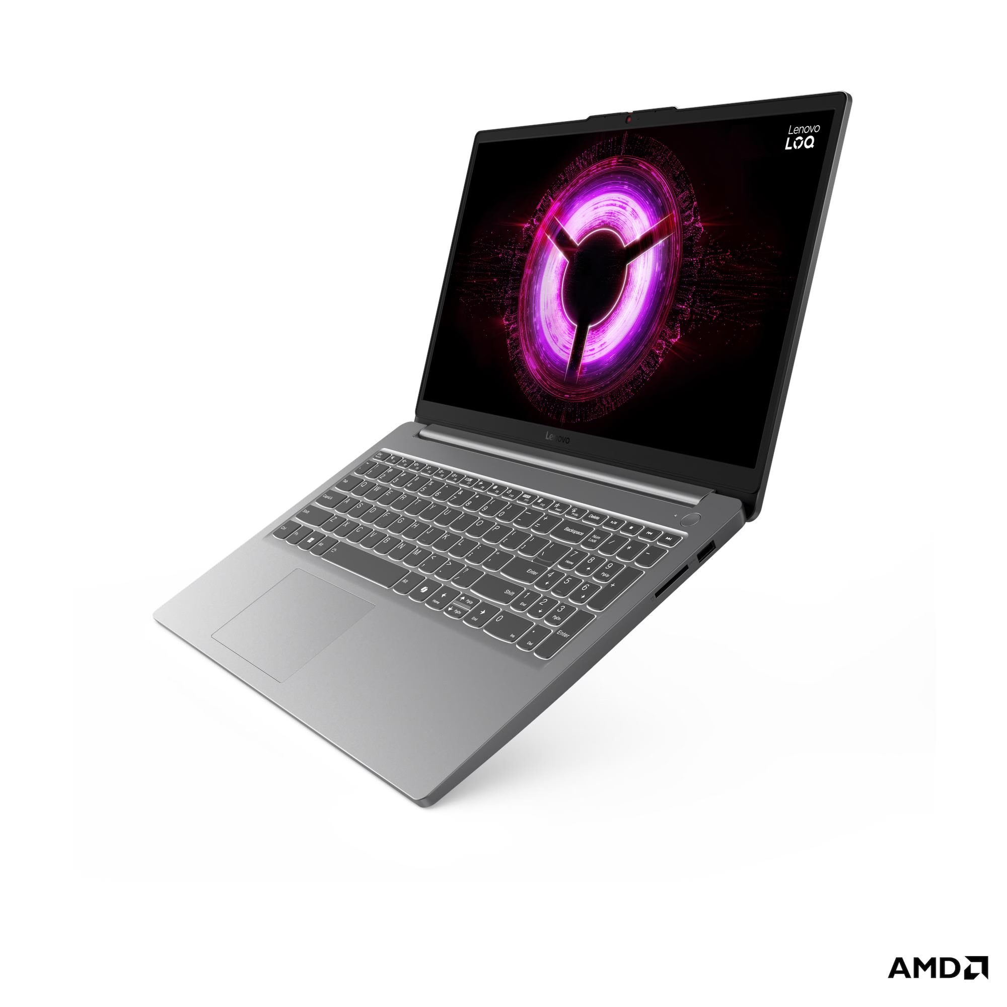 Ekranında mor daire ve aydınlatmalı klavyeye sahip gümüş Lenovo dizüstü bilgisayar.