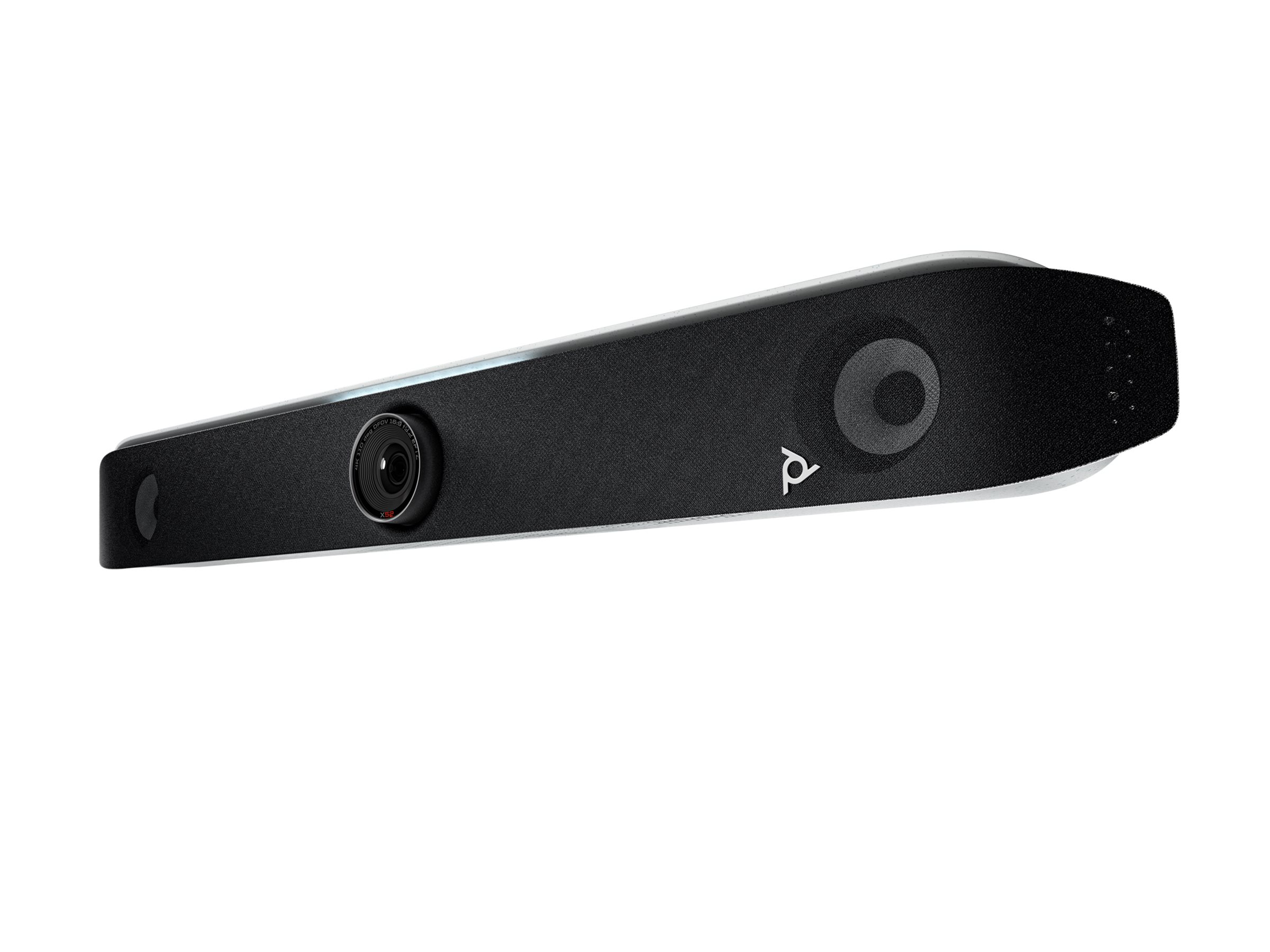 Barra per videocamera per conferenze nera con logo Poly e obiettivo.