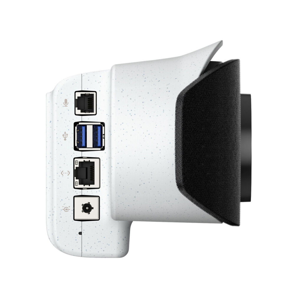 Un dispositivo bianco con porte microfono, USB, Ethernet e alimentazione.
