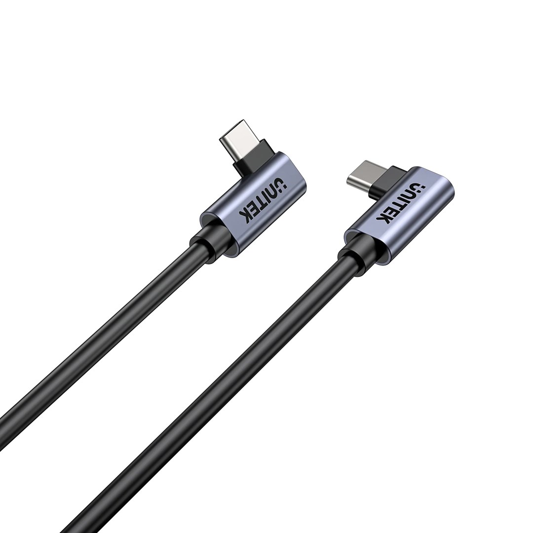 Dwa czarne kable USB-C z wtyczkami pod kątem 90 stopni i logo UNITEK.